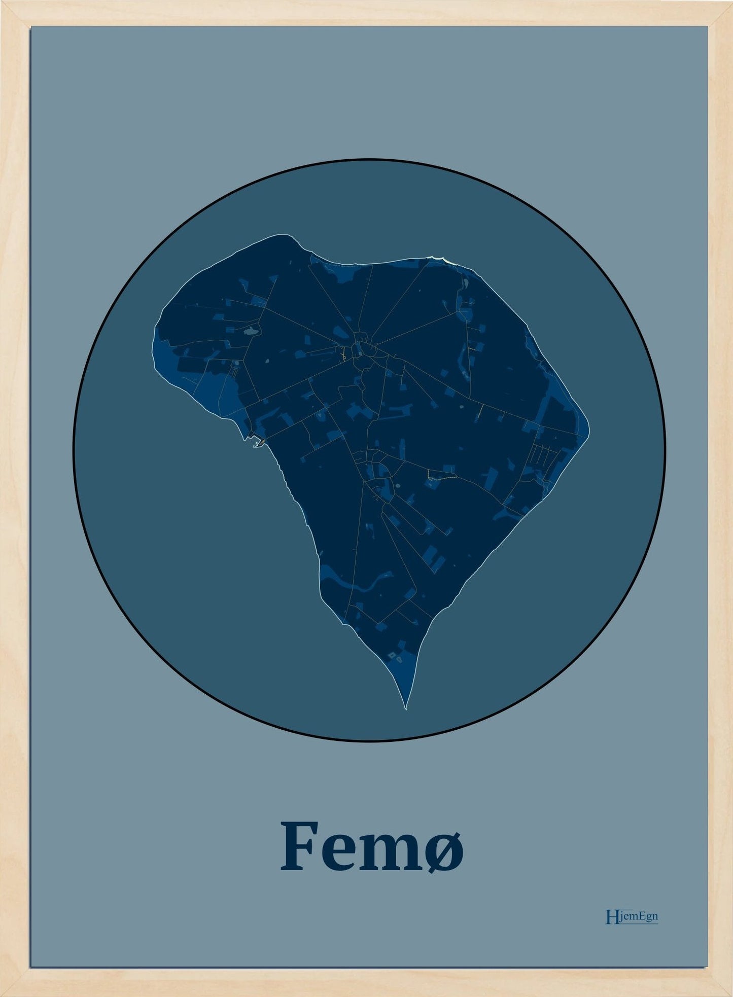 Femø plakat i farve mørk blå og HjemEgn.dk design centrum. Design ø-kort for Femø