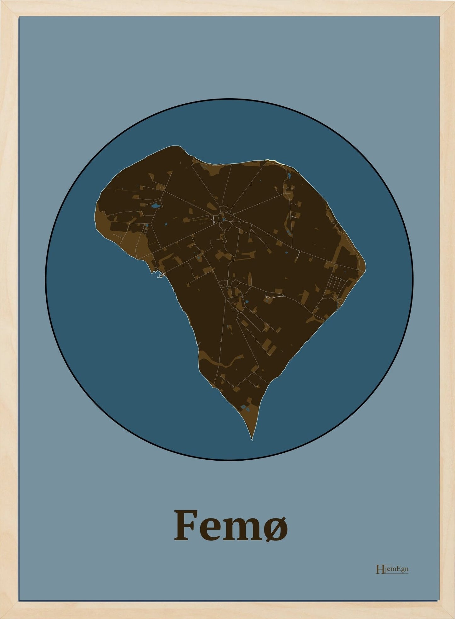 Femø plakat i farve mørk brun og HjemEgn.dk design centrum. Design ø-kort for Femø