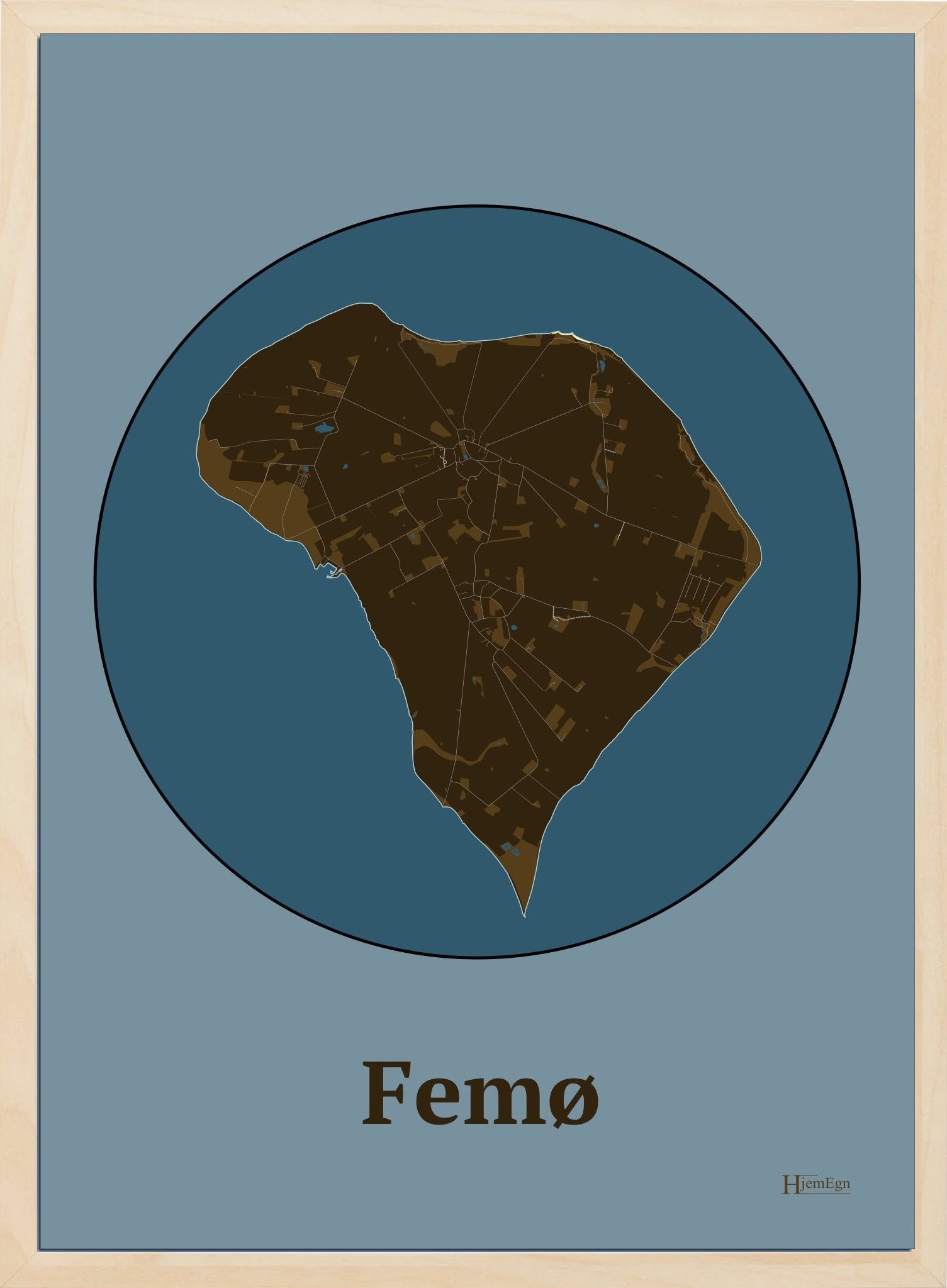 Femø plakat i farve mørk brun og HjemEgn.dk design centrum. Design ø-kort for Femø
