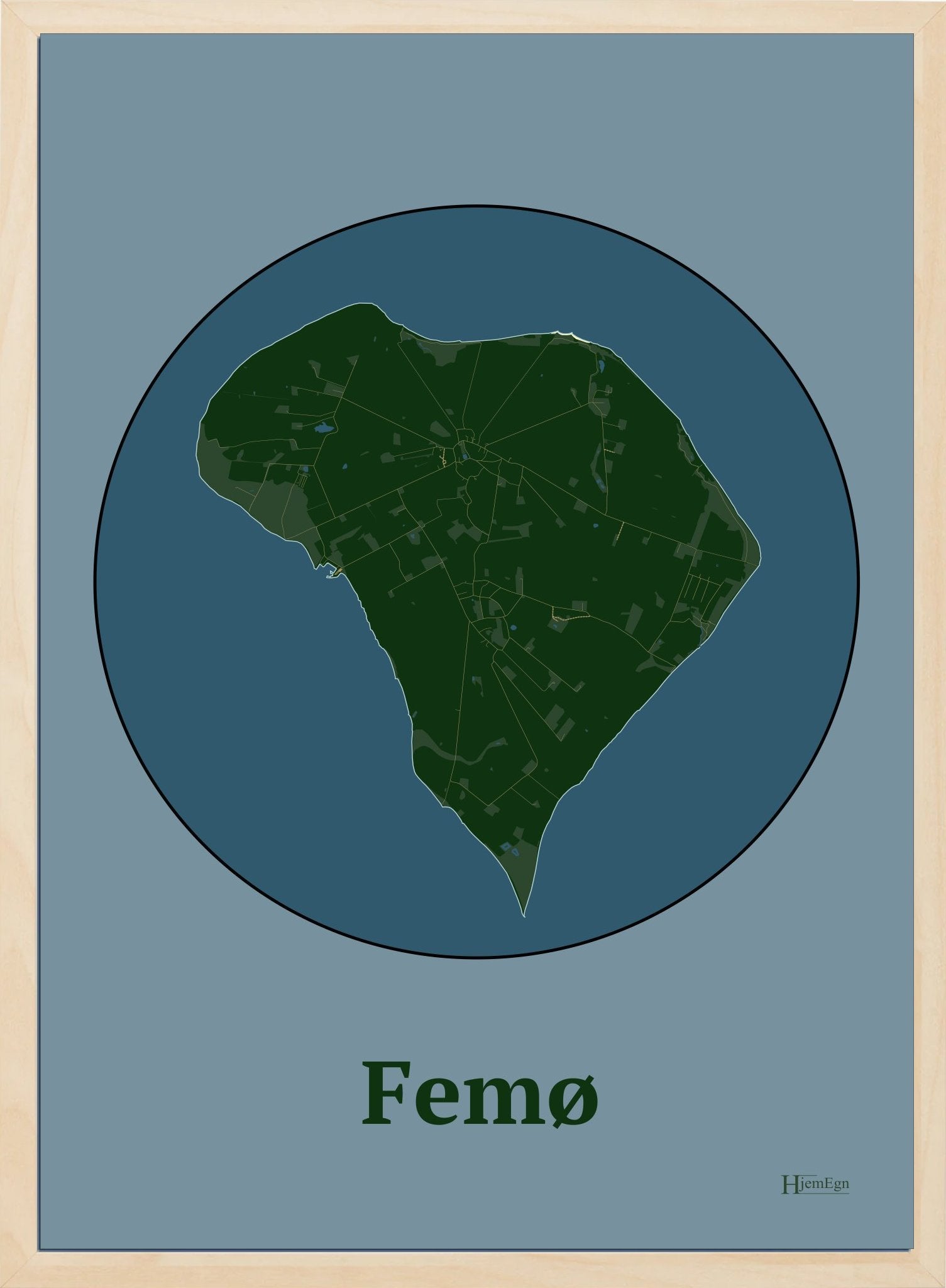 Femø plakat i farve mørk grøn og HjemEgn.dk design centrum. Design ø-kort for Femø