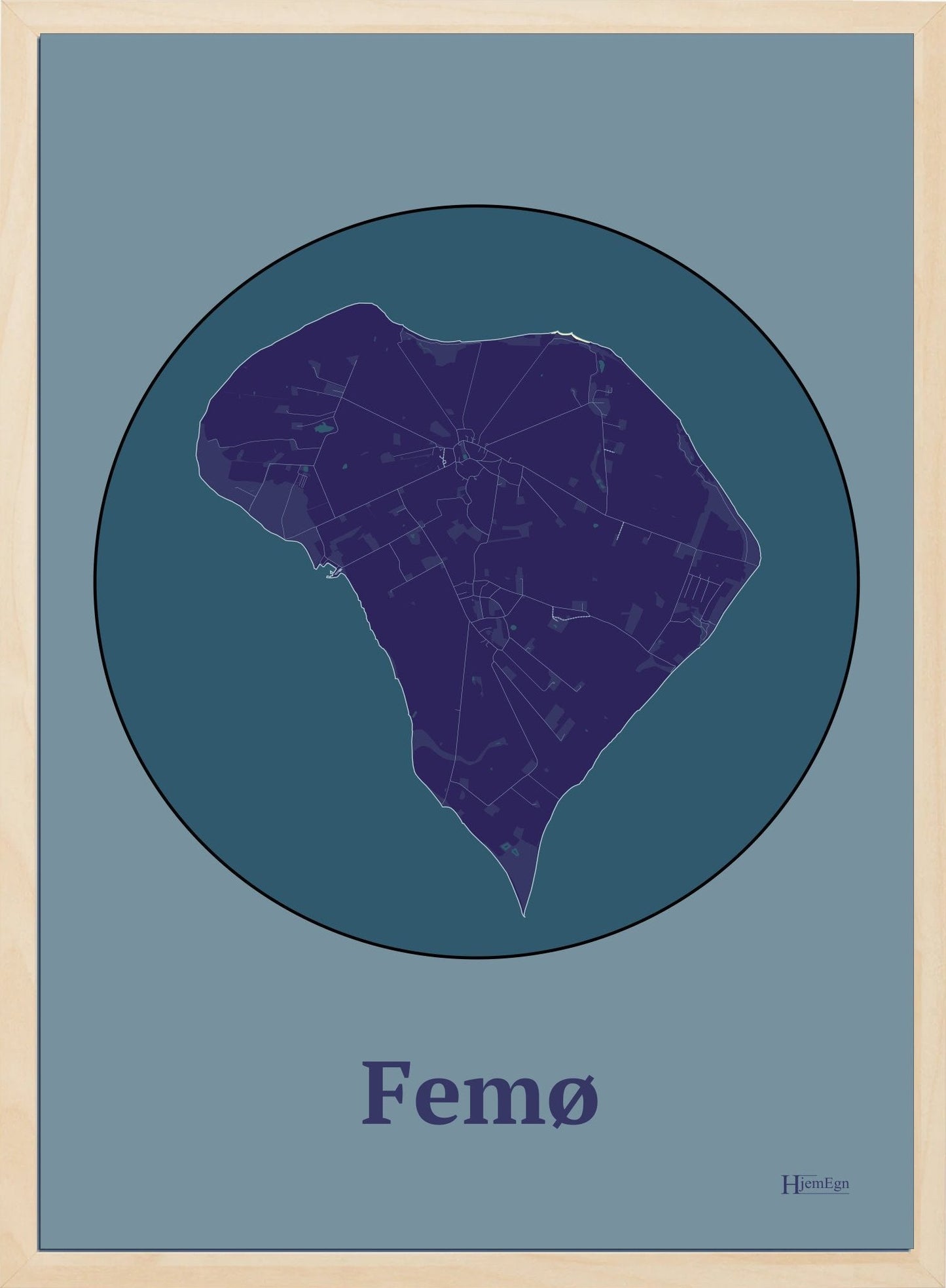 Femø plakat i farve mørk lilla og HjemEgn.dk design centrum. Design ø-kort for Femø