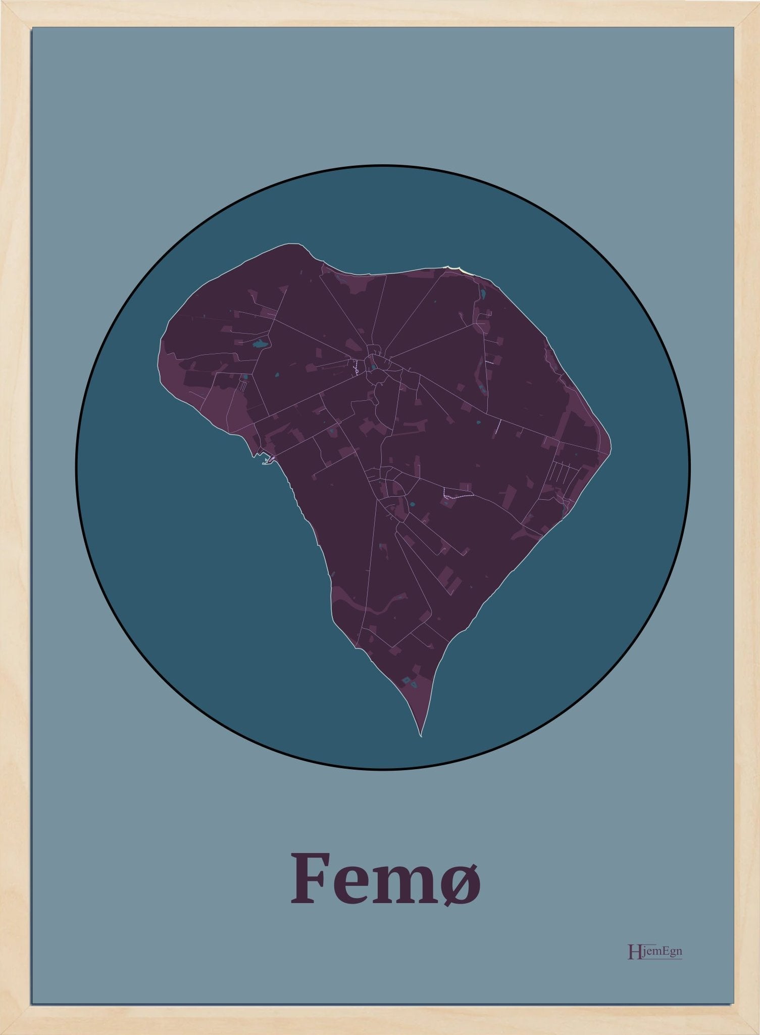 Femø plakat i farve mørk rød og HjemEgn.dk design centrum. Design ø-kort for Femø