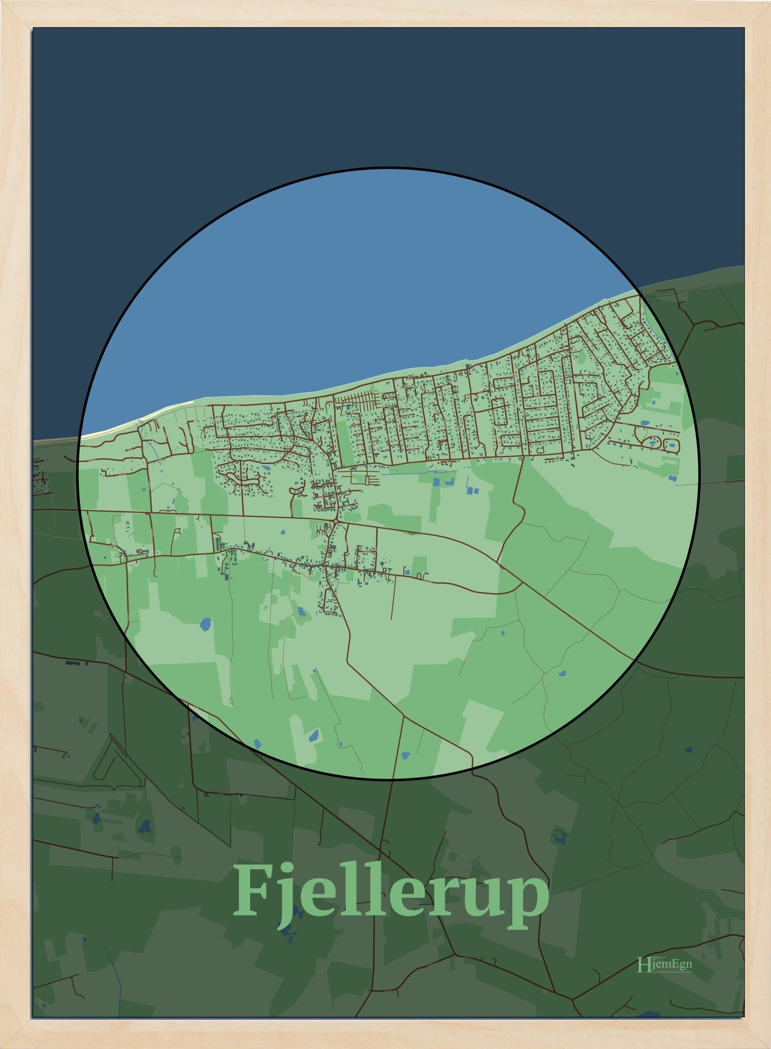 Fjellerup plakat i farve pastel grøn og HjemEgn.dk design centrum. Design bykort for Fjellerup