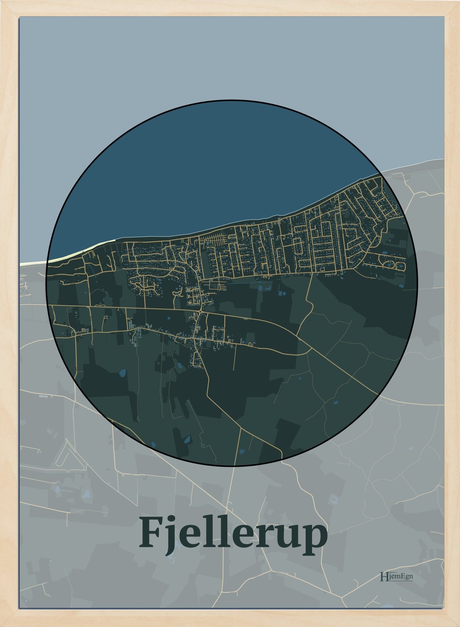 Fjellerup plakat i farve mørk grøn og HjemEgn.dk design centrum. Design bykort for Fjellerup