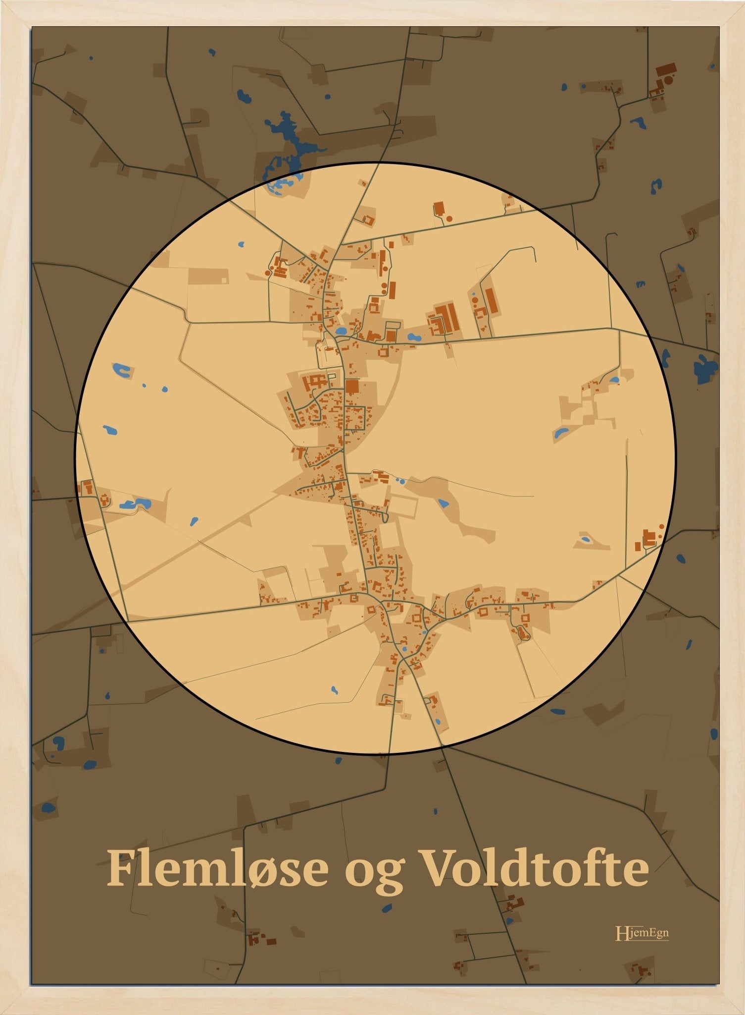 Flemløse & Voldtofte plakat i farve pastel brun og HjemEgn.dk design centrum. Design bykort for Flemløse & Voldtofte