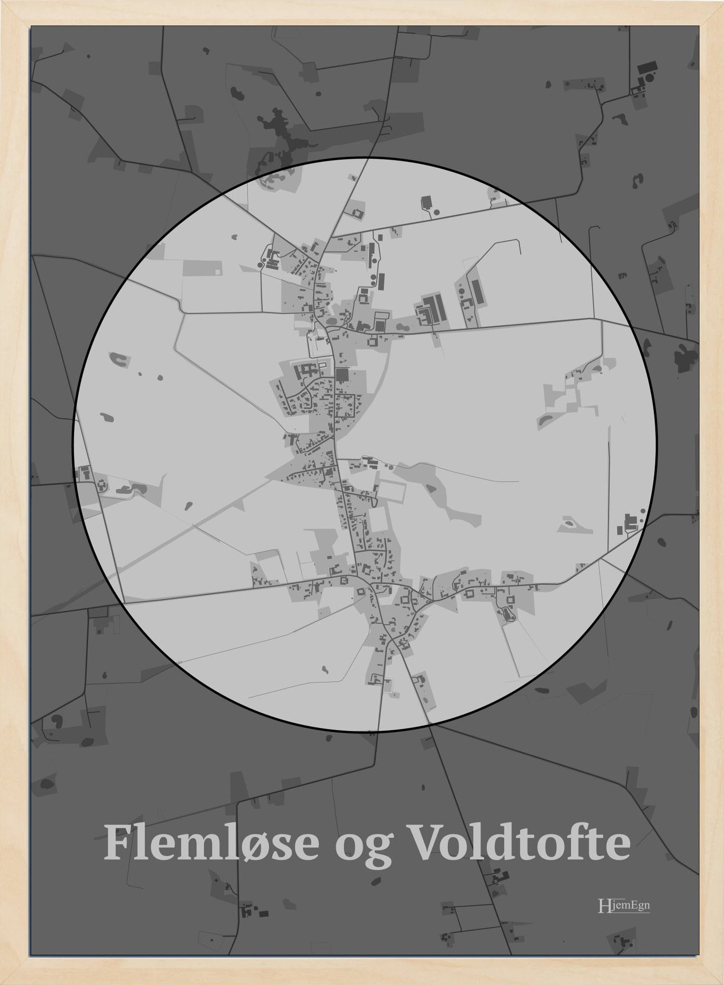 Flemløse & Voldtofte plakat i farve pastel grå og HjemEgn.dk design centrum. Design bykort for Flemløse & Voldtofte