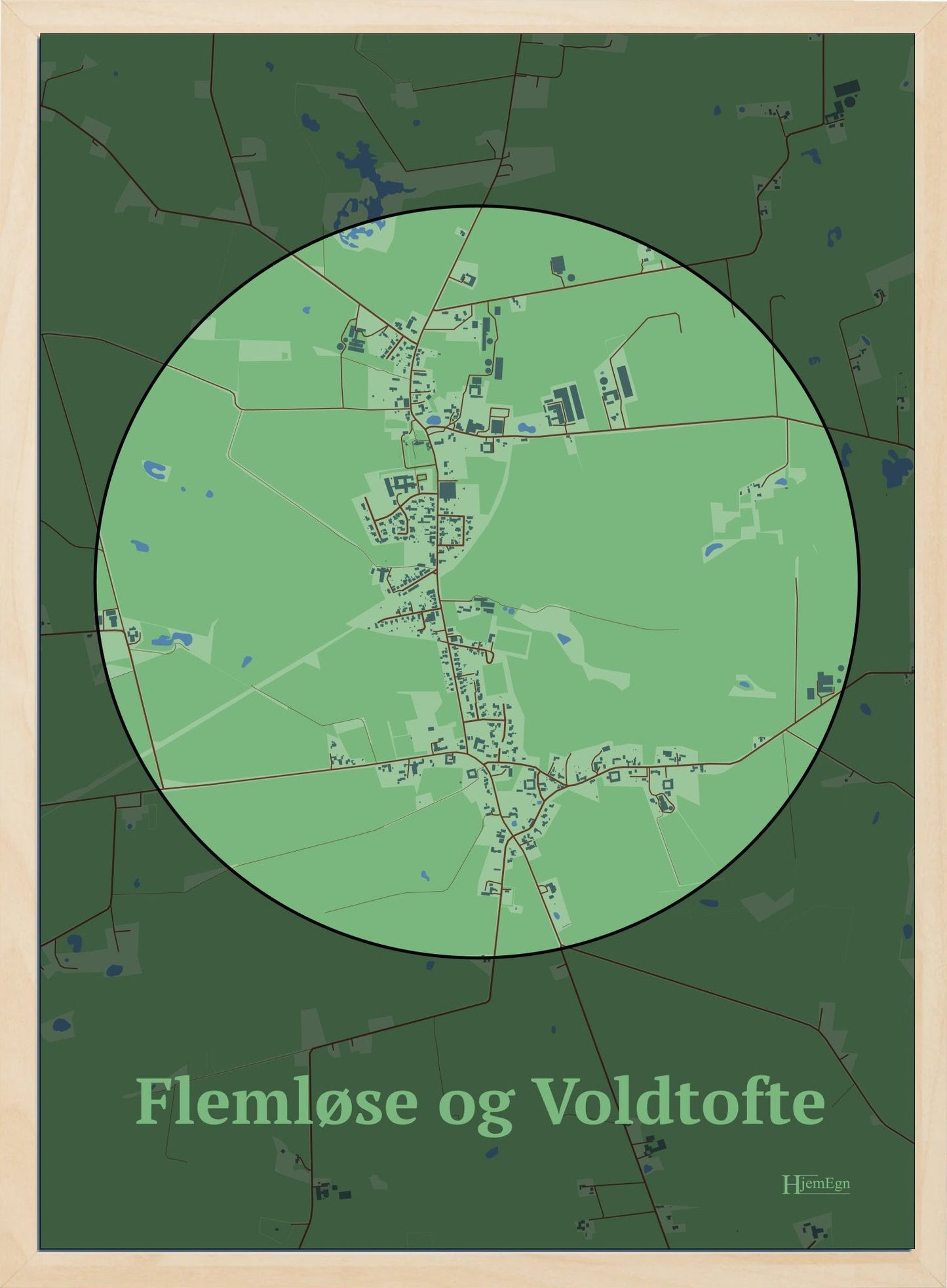 Flemløse & Voldtofte plakat i farve pastel grøn og HjemEgn.dk design centrum. Design bykort for Flemløse & Voldtofte
