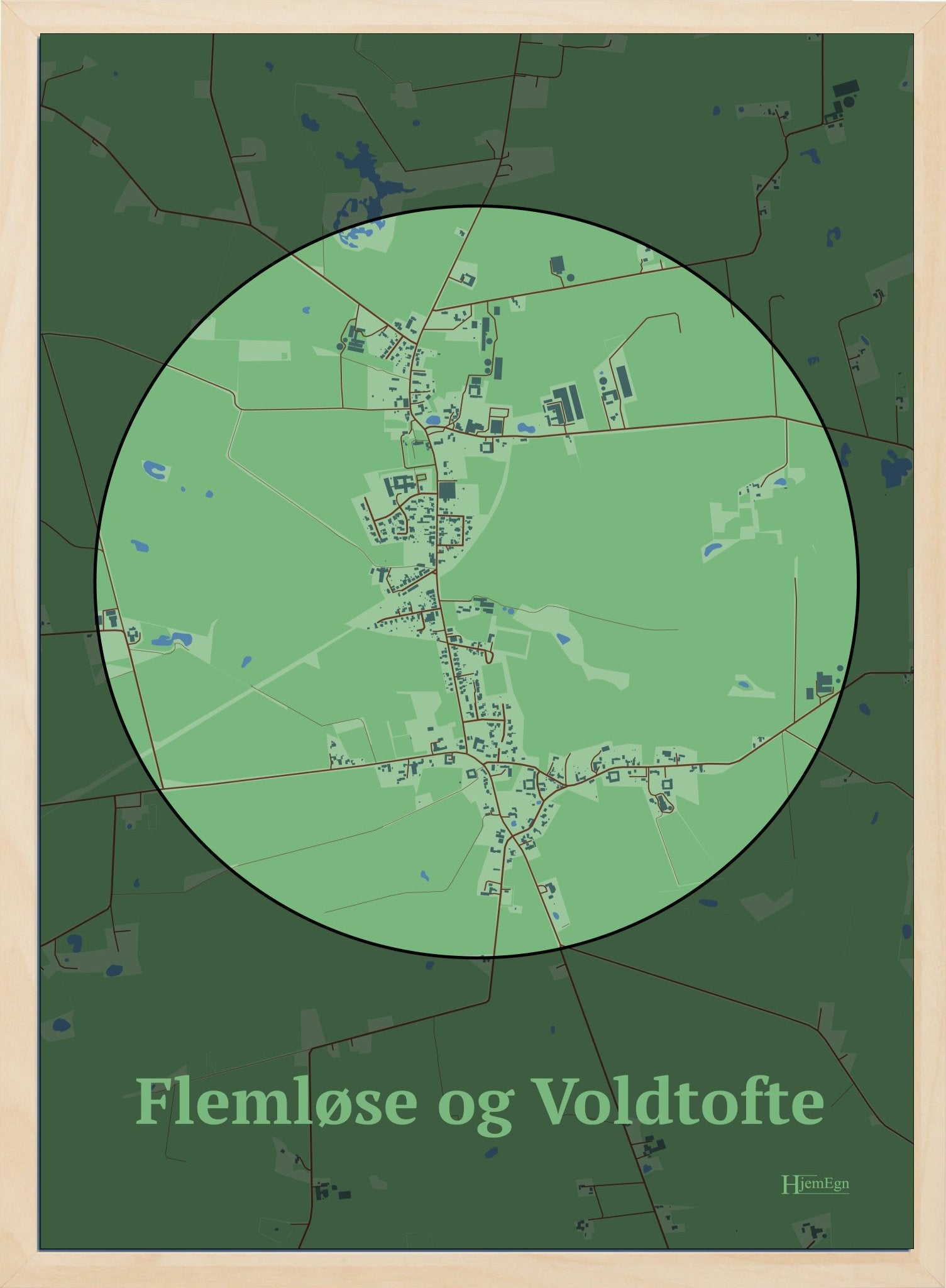 Flemløse & Voldtofte plakat i farve pastel grøn og HjemEgn.dk design centrum. Design bykort for Flemløse & Voldtofte