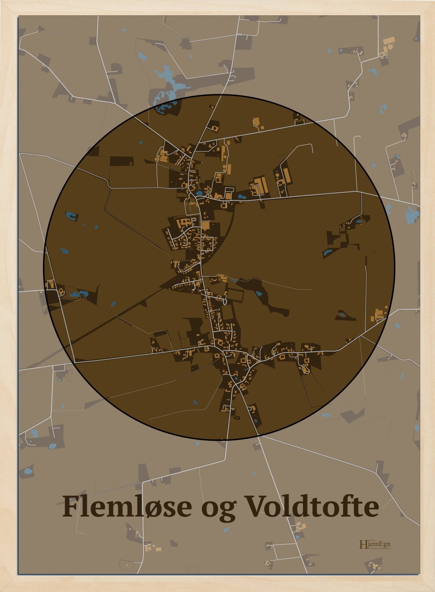 Flemløse & Voldtofte plakat i farve mørk brun og HjemEgn.dk design centrum. Design bykort for Flemløse & Voldtofte