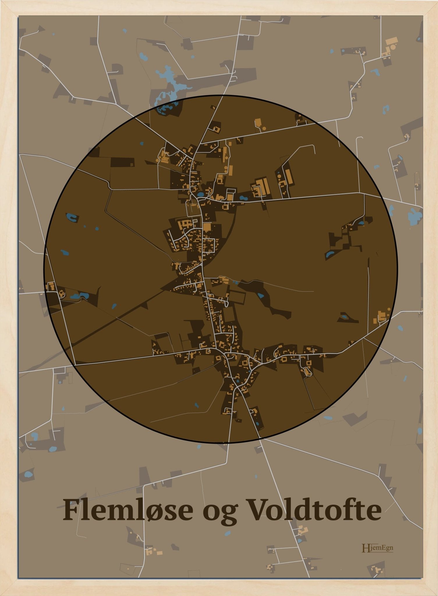 Flemløse & Voldtofte plakat i farve mørk brun og HjemEgn.dk design centrum. Design bykort for Flemløse & Voldtofte