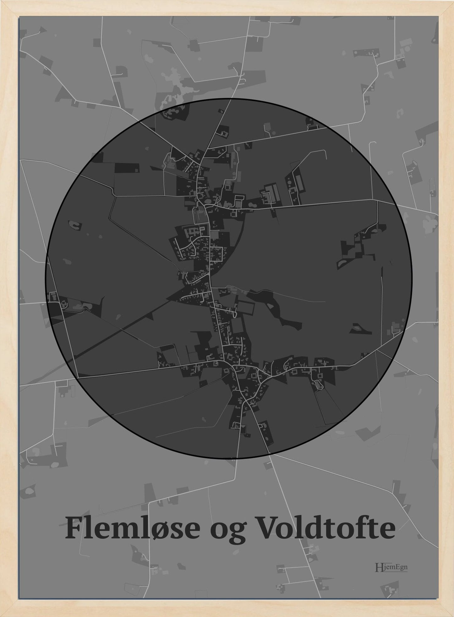 Flemløse & Voldtofte plakat i farve mørk grå og HjemEgn.dk design centrum. Design bykort for Flemløse & Voldtofte