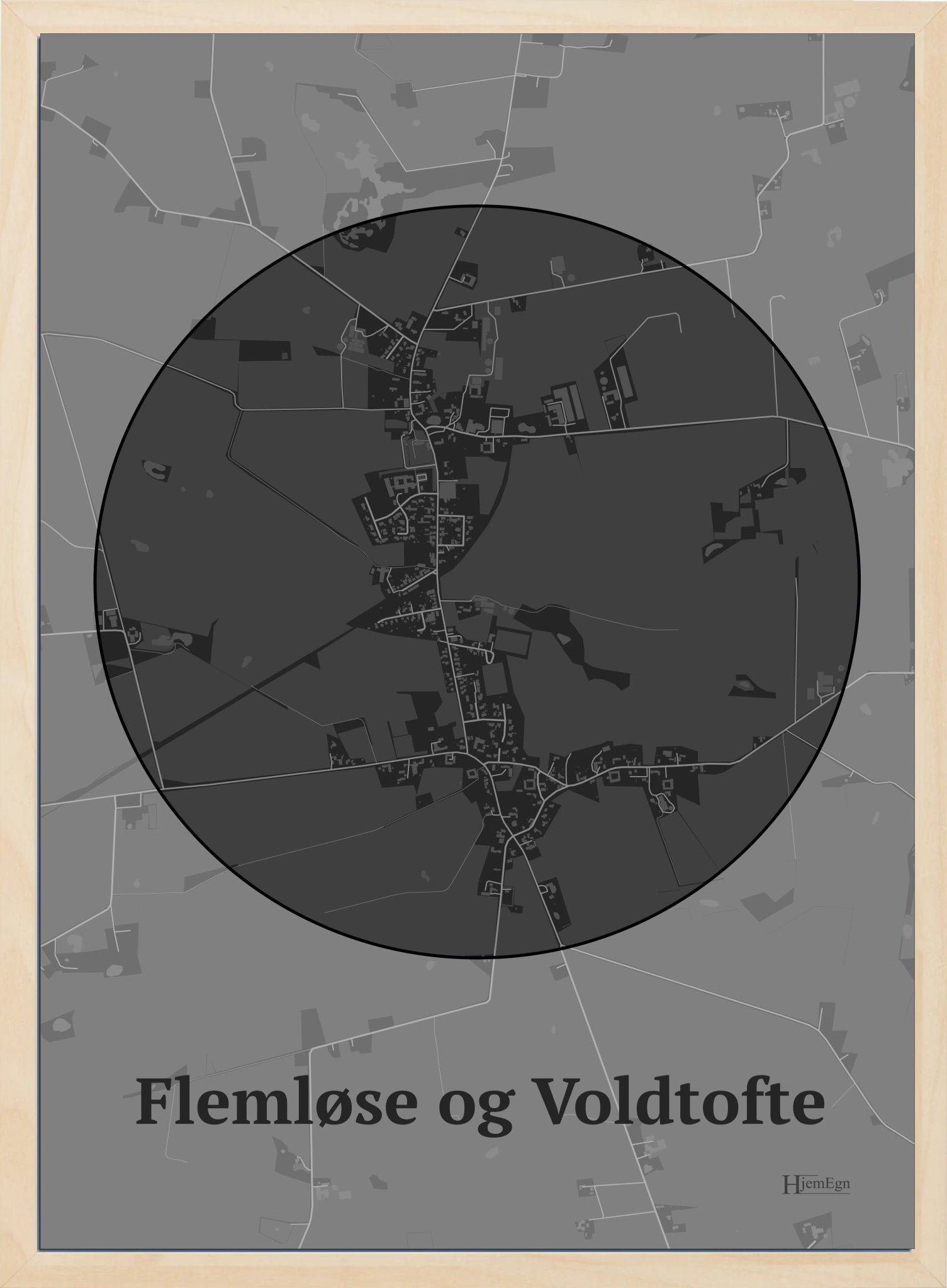 Flemløse & Voldtofte plakat i farve mørk grå og HjemEgn.dk design centrum. Design bykort for Flemløse & Voldtofte