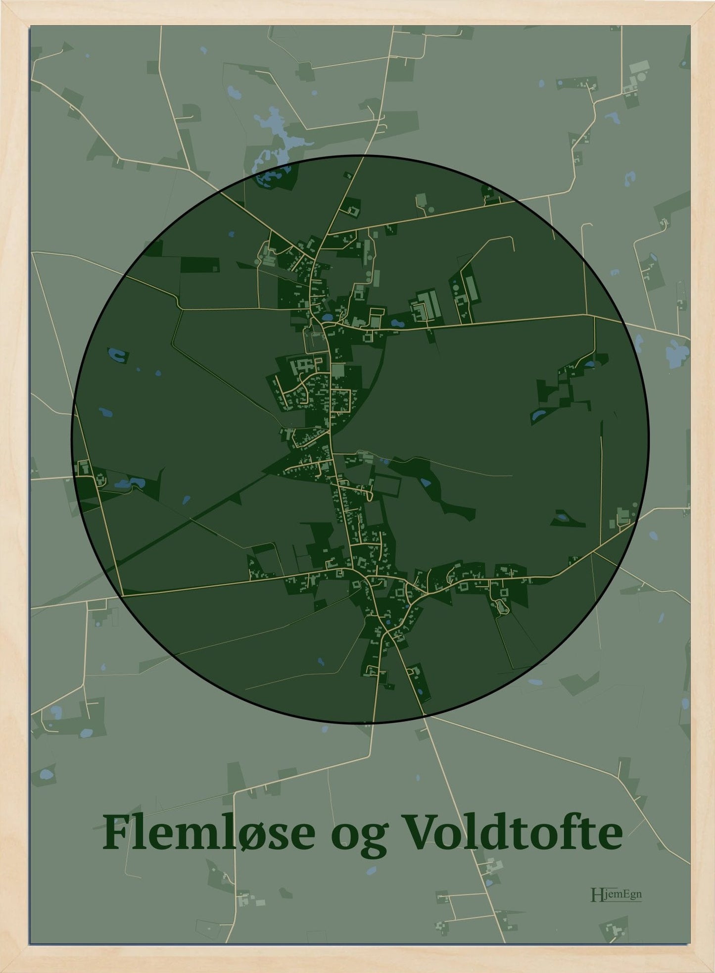 Flemløse & Voldtofte plakat i farve mørk grøn og HjemEgn.dk design centrum. Design bykort for Flemløse & Voldtofte