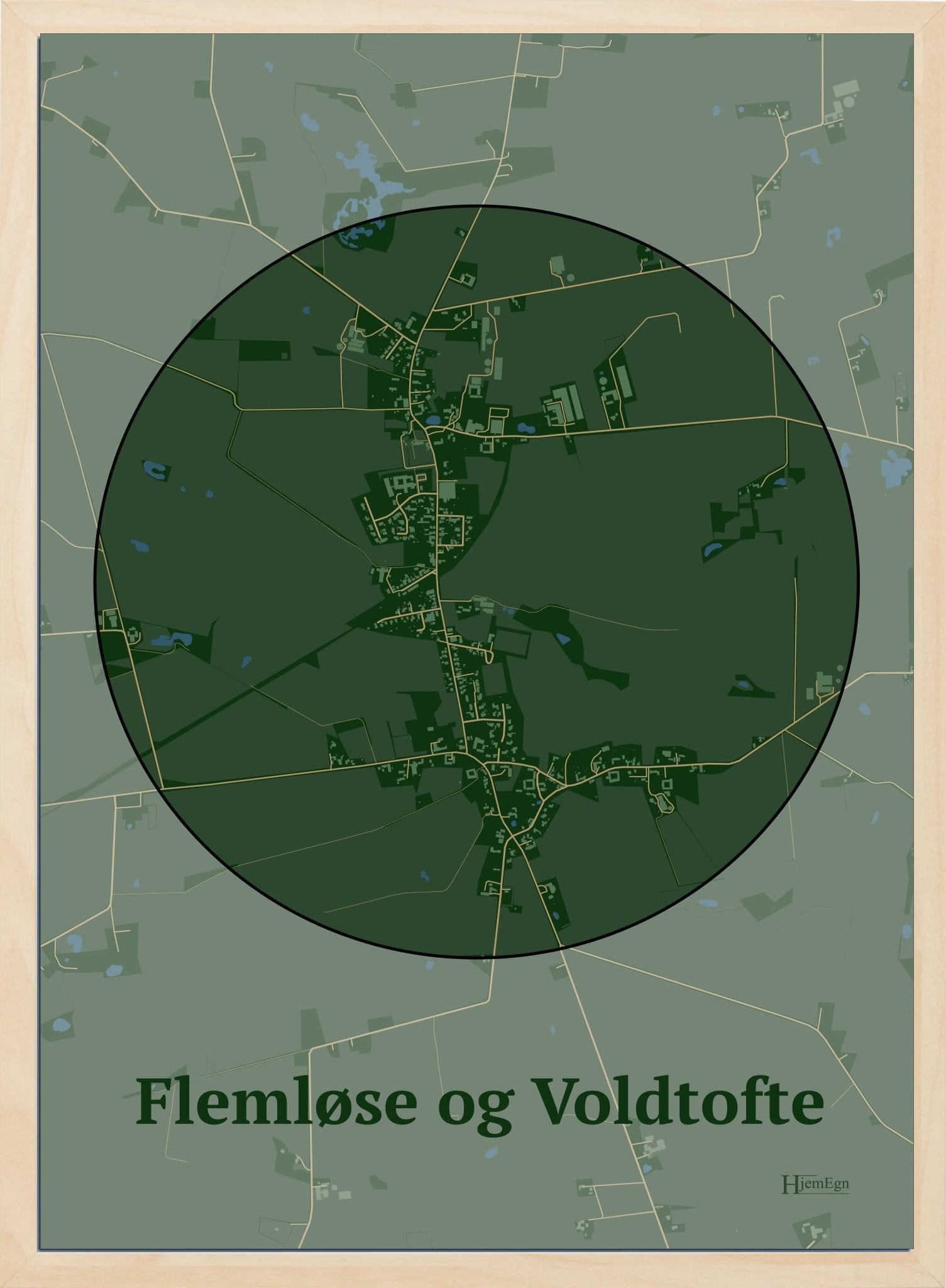 Flemløse & Voldtofte plakat i farve mørk grøn og HjemEgn.dk design centrum. Design bykort for Flemløse & Voldtofte
