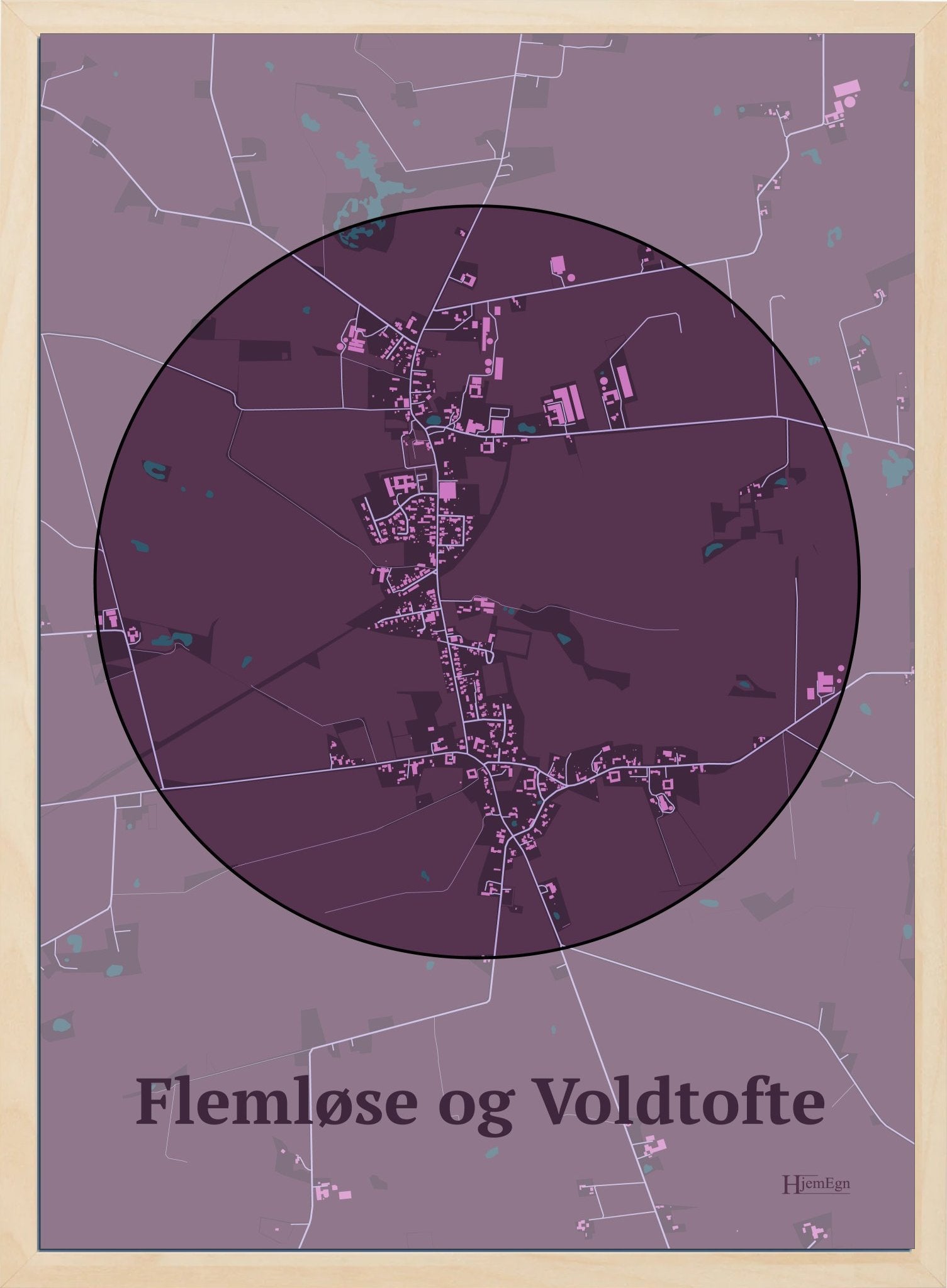 Flemløse & Voldtofte plakat i farve mørk rød og HjemEgn.dk design centrum. Design bykort for Flemløse & Voldtofte