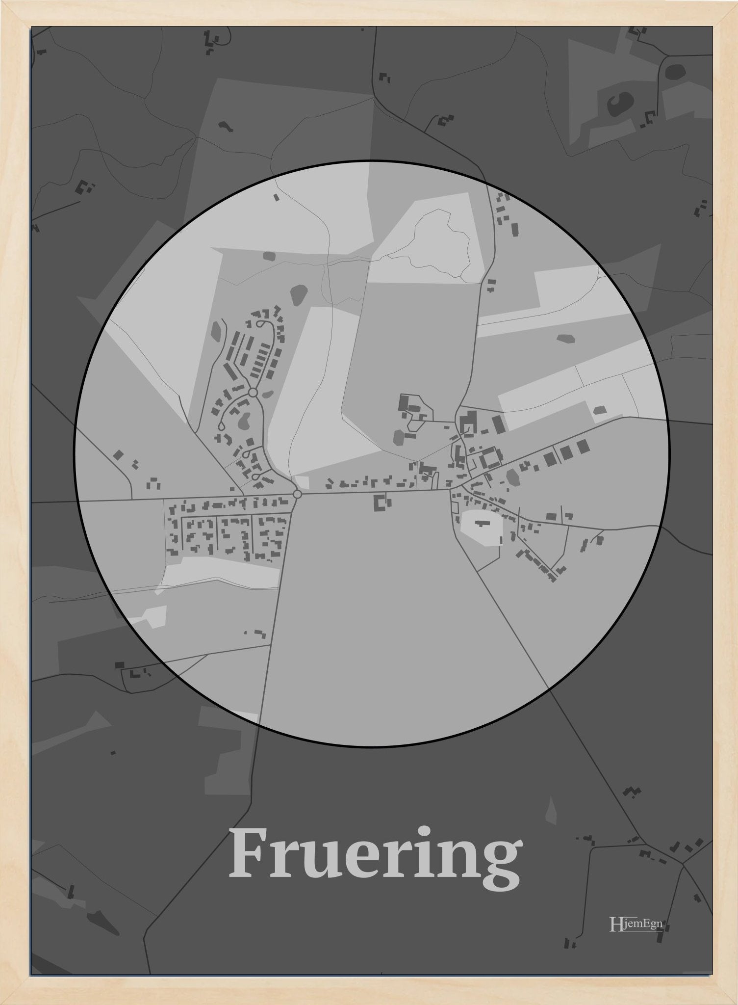 Fruering plakat i farve pastel grå og HjemEgn.dk design centrum. Design bykort for Fruering