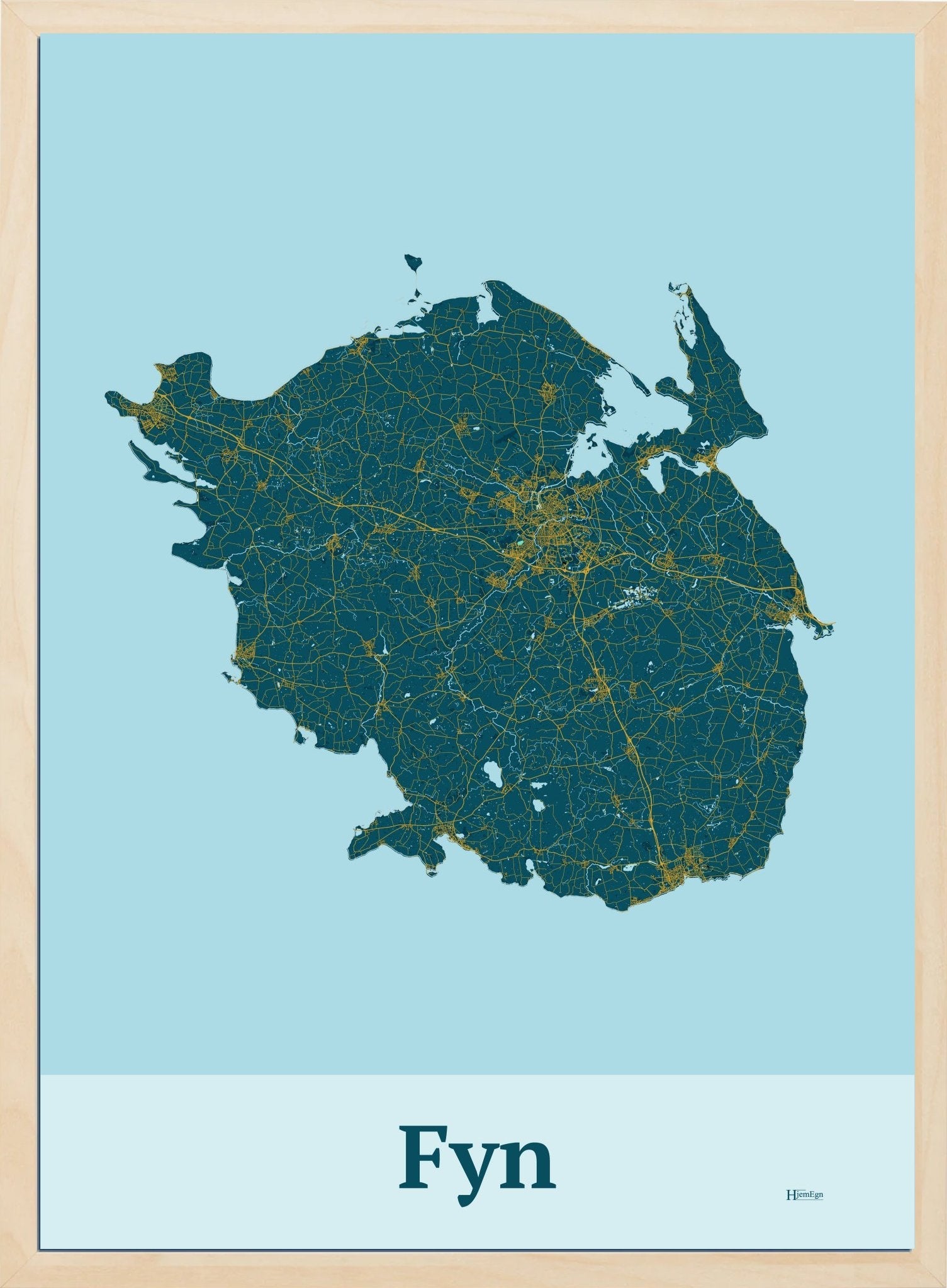 Fyn plakat i farve mørk blå og HjemEgn.dk design firkantet. Design ø-kort for Fyn