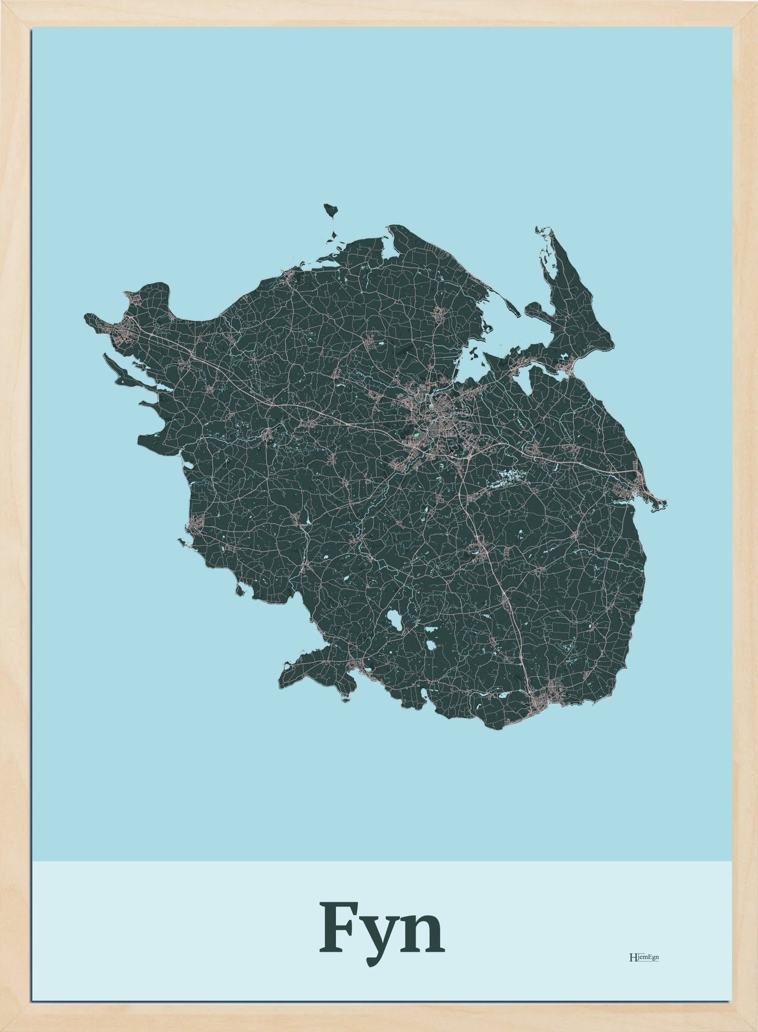 Fyn plakat i farve mørk grøn og HjemEgn.dk design firkantet. Design ø-kort for Fyn