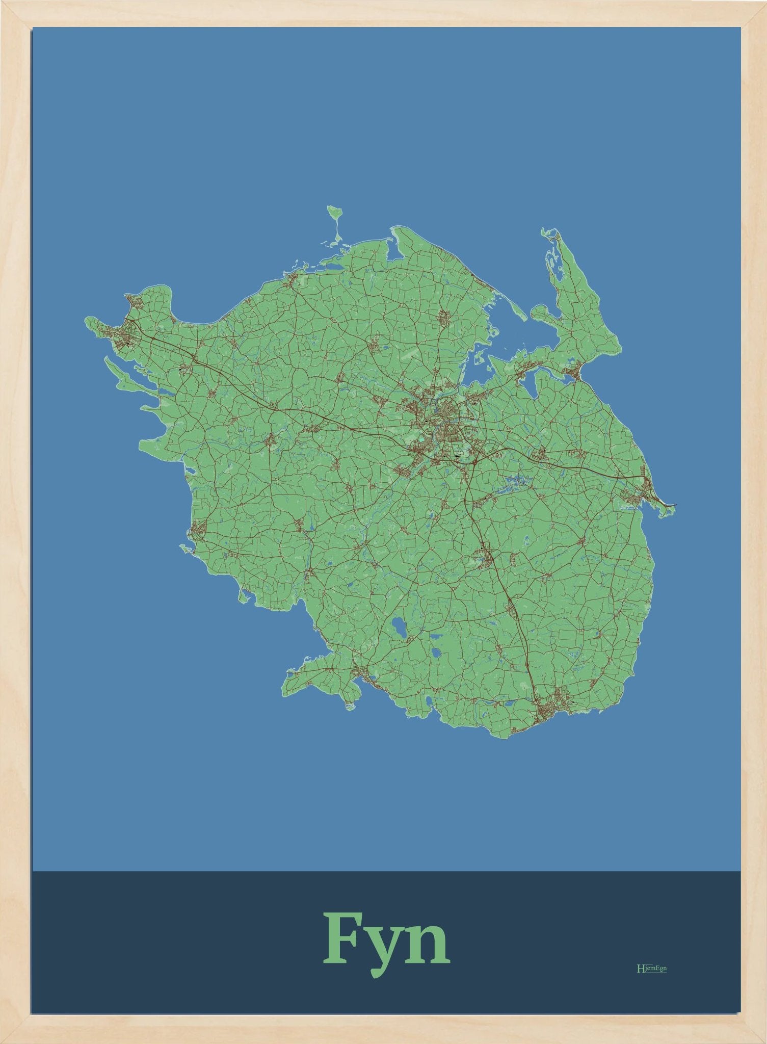 Fyn plakat i farve pastel grøn og HjemEgn.dk design firkantet. Design ø-kort for Fyn