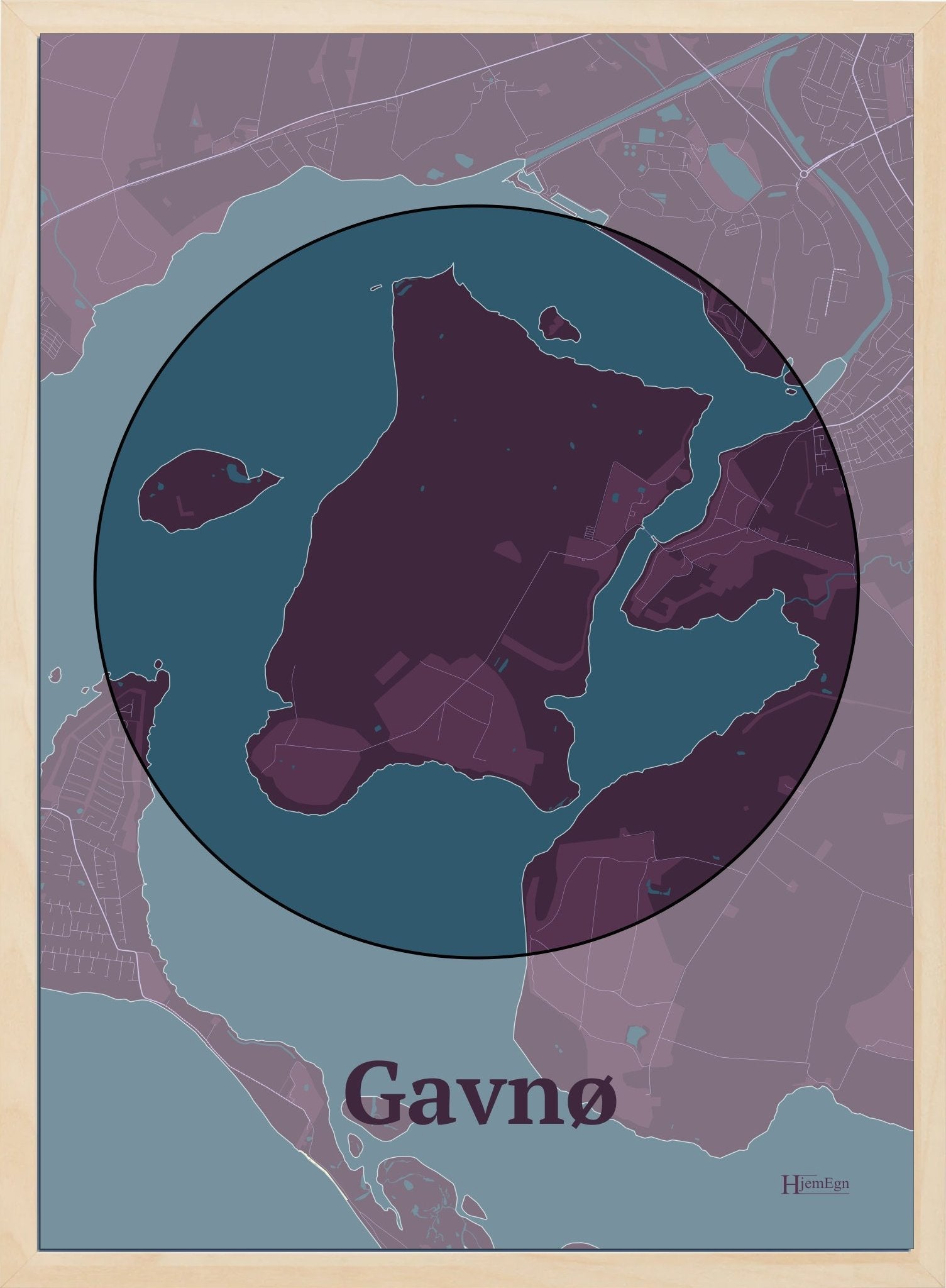 Gavnø plakat i farve mørk rød og HjemEgn.dk design centrum. Design ø-kort for Gavnø
