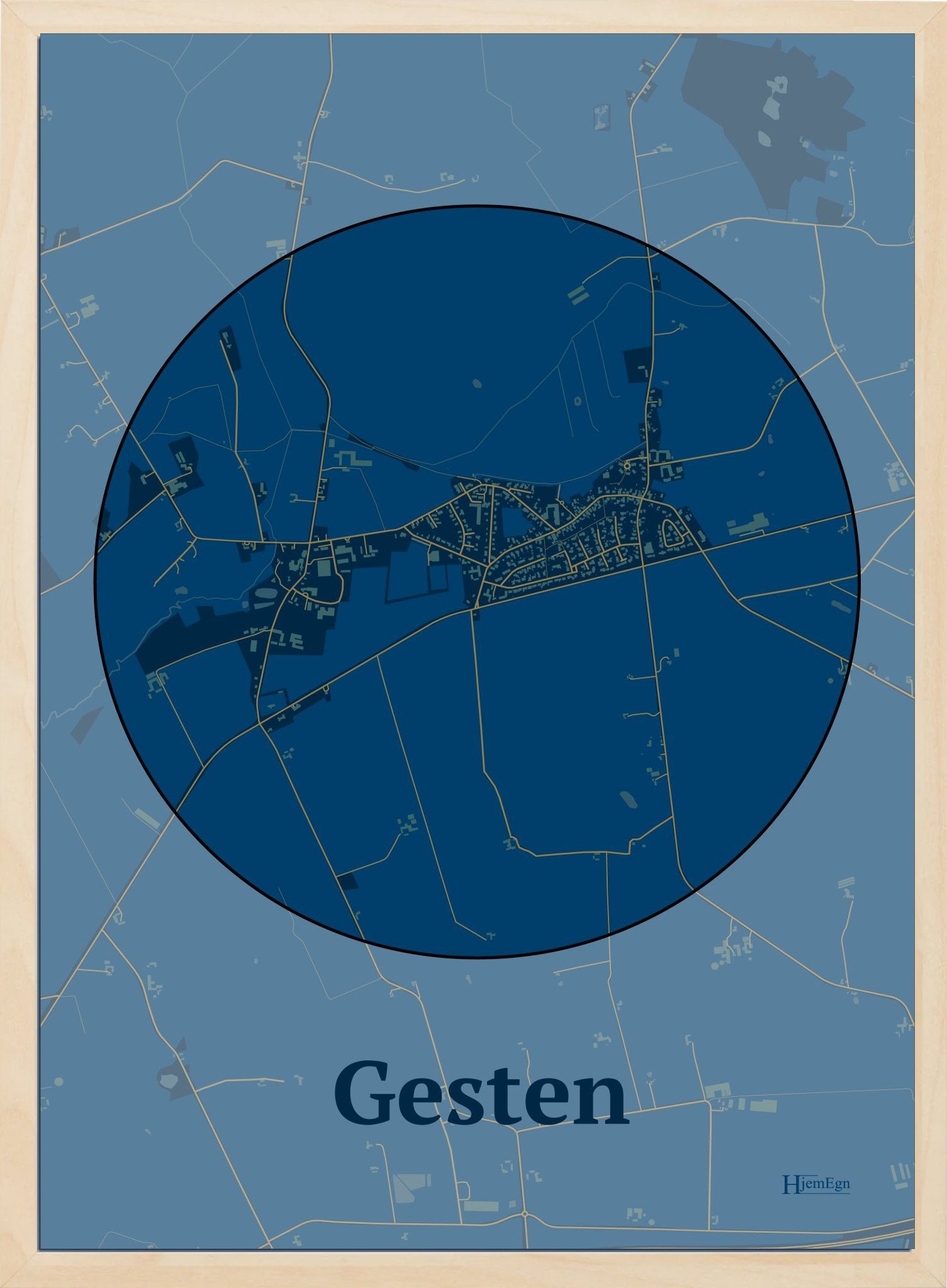 Gesten plakat i farve mørk blå og HjemEgn.dk design centrum. Design bykort for Gesten