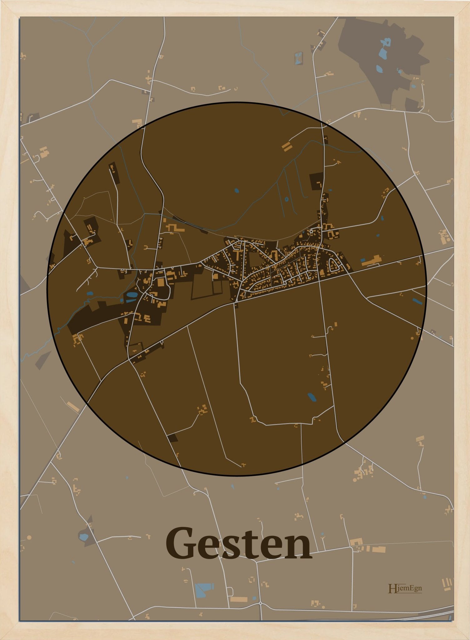 Gesten plakat i farve mørk brun og HjemEgn.dk design centrum. Design bykort for Gesten