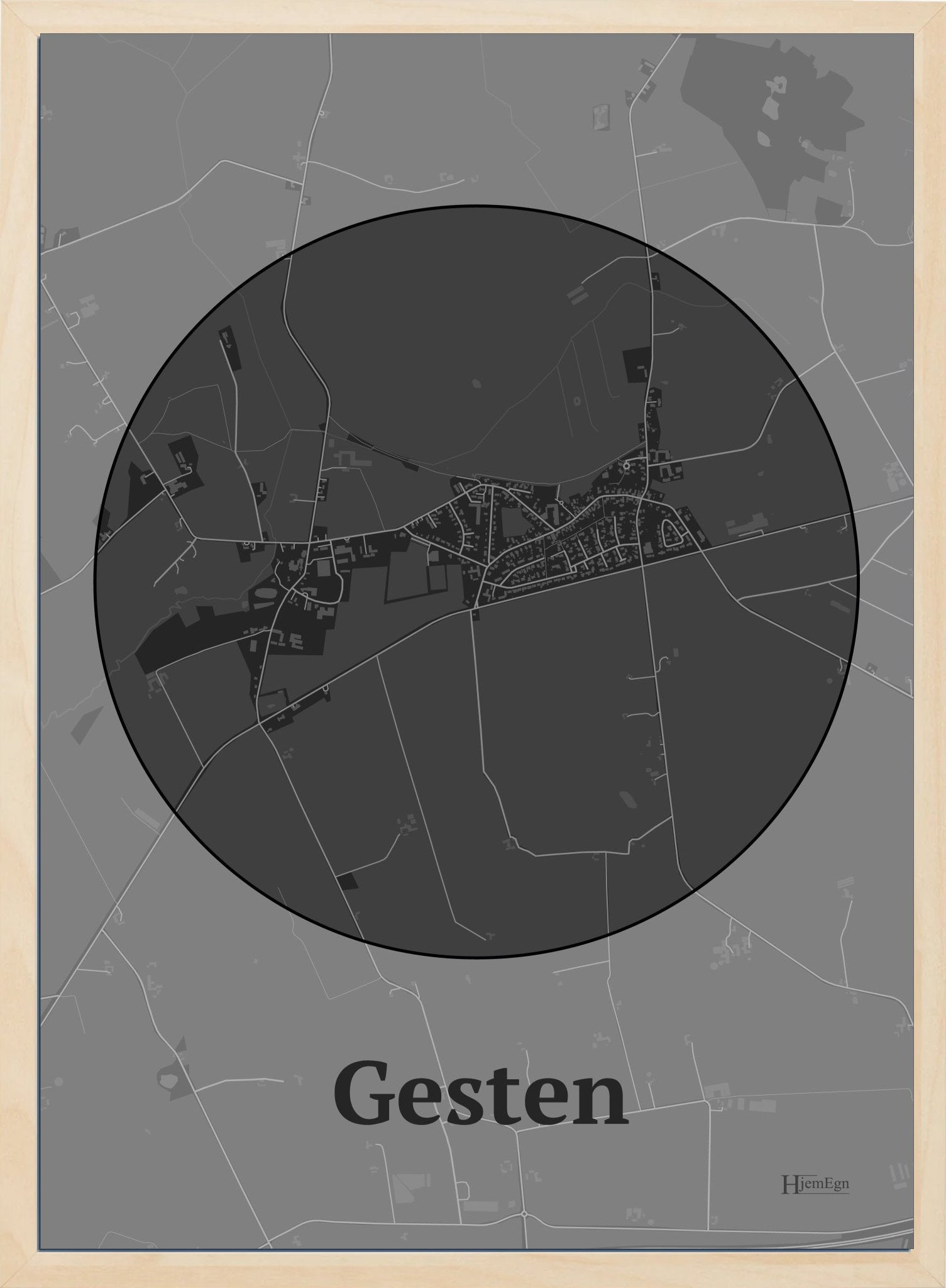 Gesten plakat i farve mørk grå og HjemEgn.dk design centrum. Design bykort for Gesten
