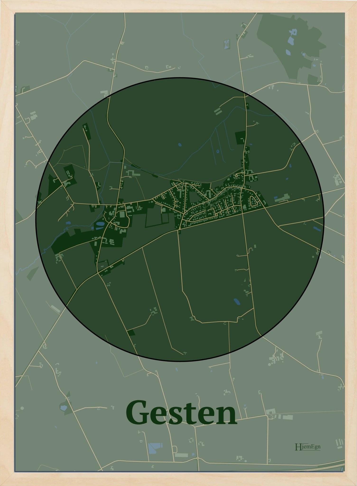 Gesten plakat i farve mørk grøn og HjemEgn.dk design centrum. Design bykort for Gesten