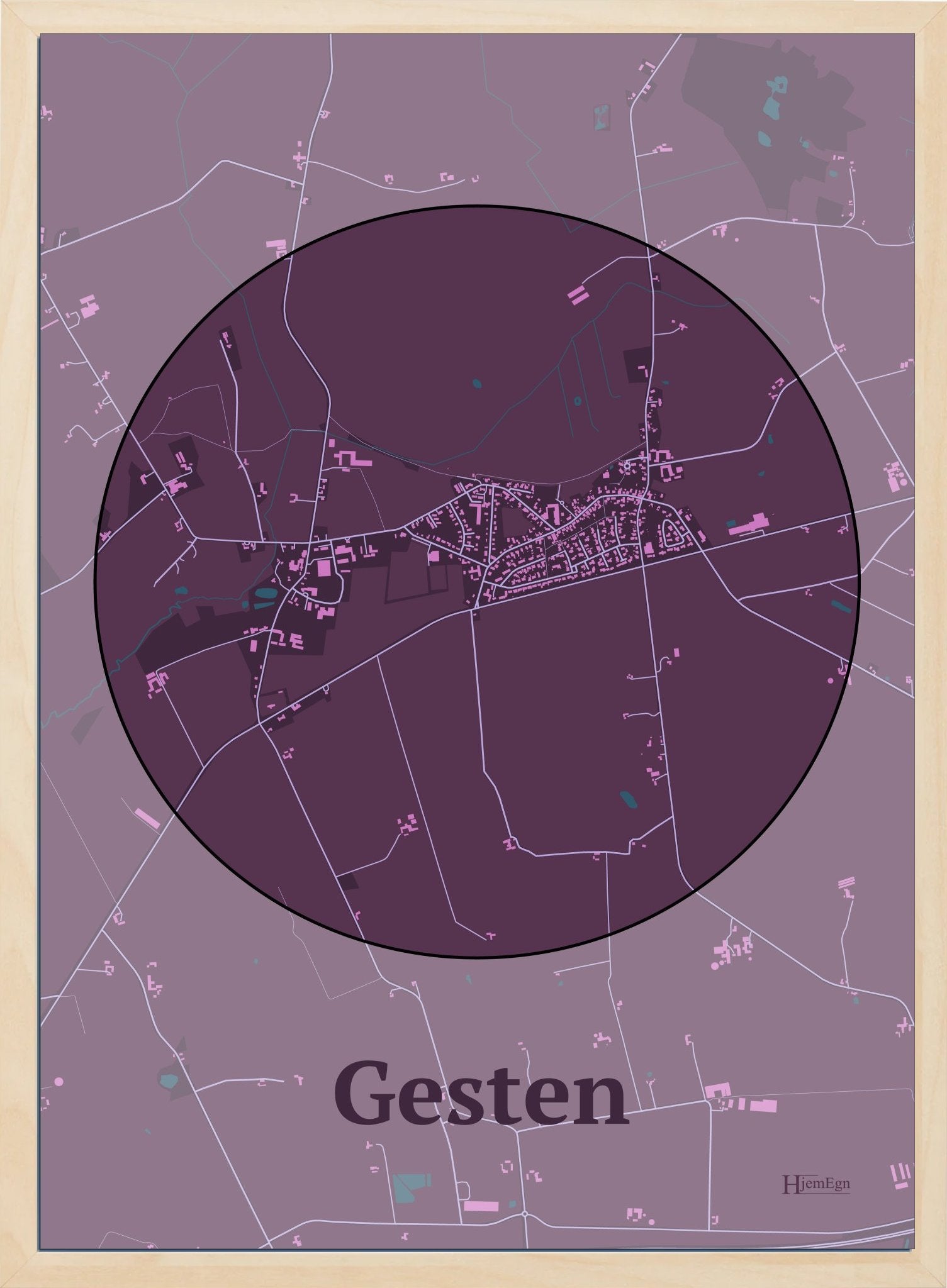 Gesten plakat i farve mørk rød og HjemEgn.dk design centrum. Design bykort for Gesten