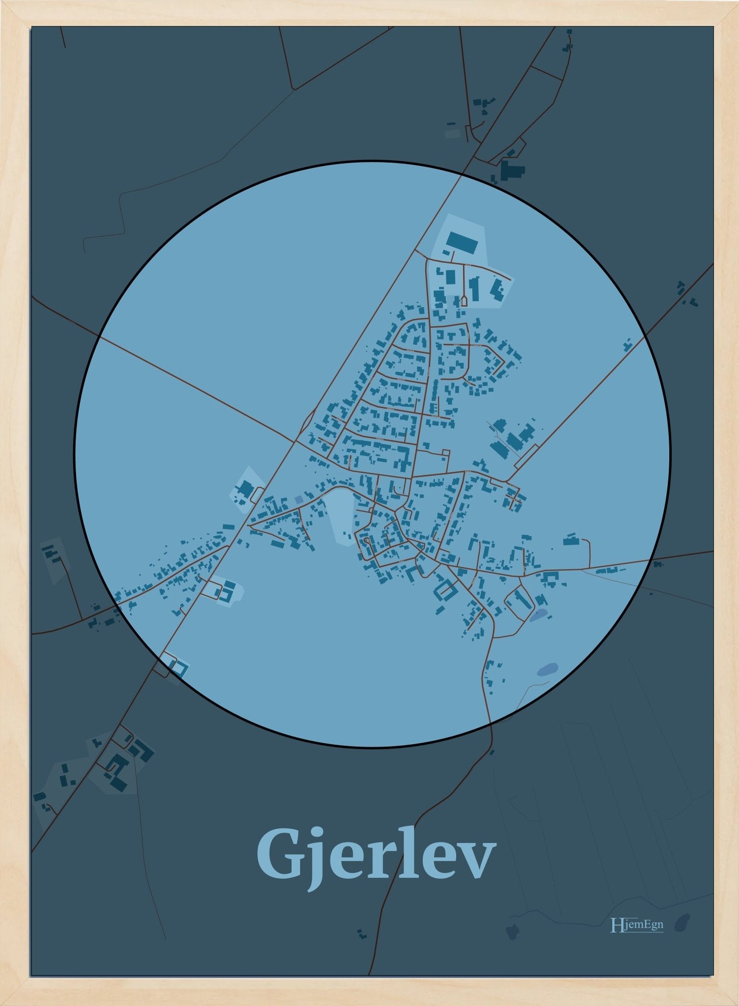 Gjerlev plakat i farve pastel blå og HjemEgn.dk design centrum. Design bykort for Gjerlev