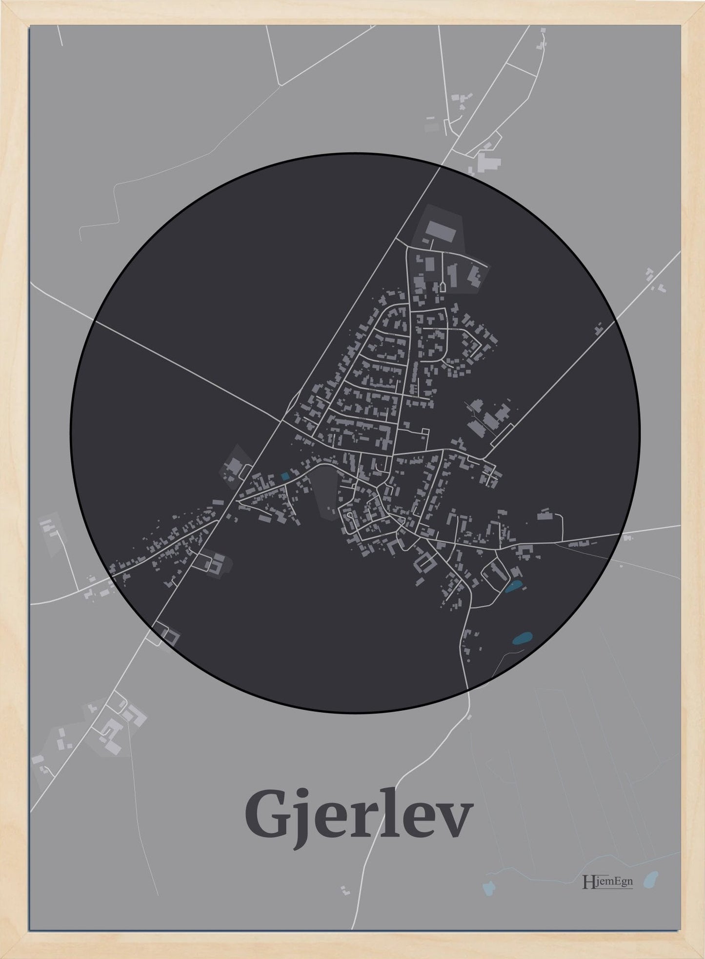 Gjerlev plakat i farve mørk brun og HjemEgn.dk design centrum. Design bykort for Gjerlev
