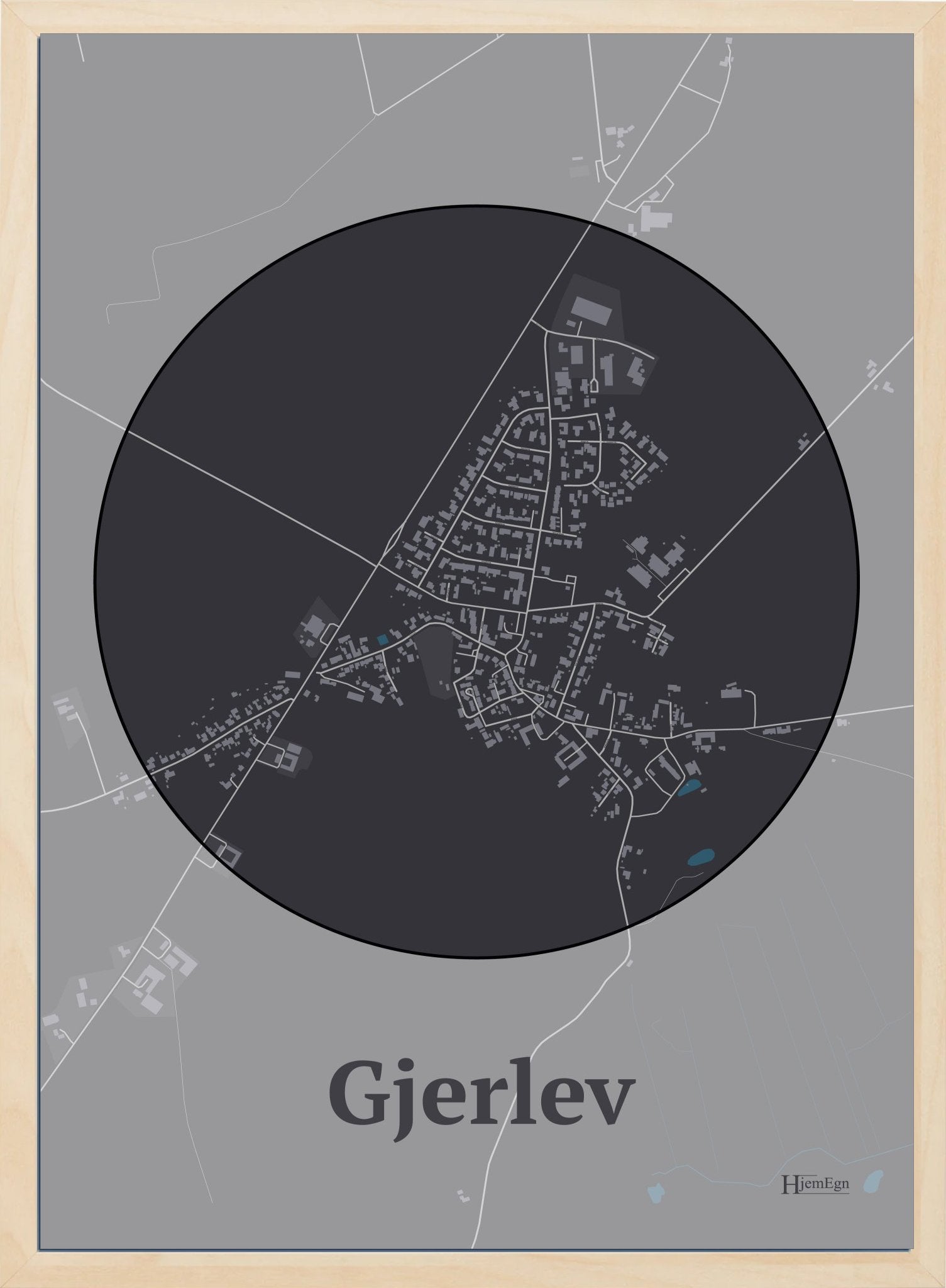 Gjerlev plakat i farve mørk brun og HjemEgn.dk design centrum. Design bykort for Gjerlev