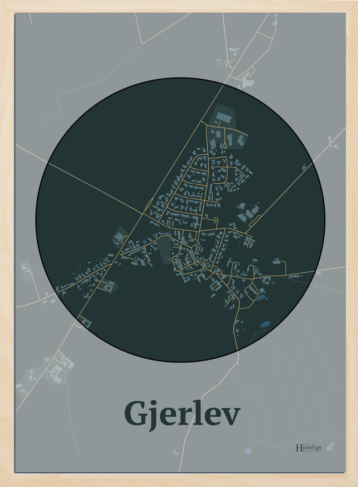 Gjerlev plakat i farve mørk grøn og HjemEgn.dk design centrum. Design bykort for Gjerlev