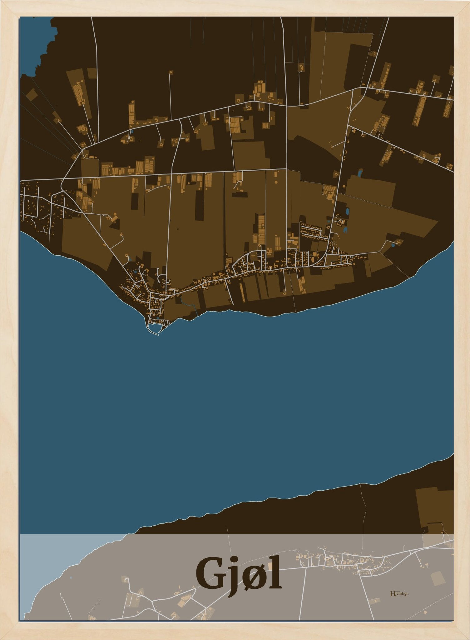 Gjøl plakat i mørk brun og HjemEgn.dk design firkantet. Design bykort for Gjøl