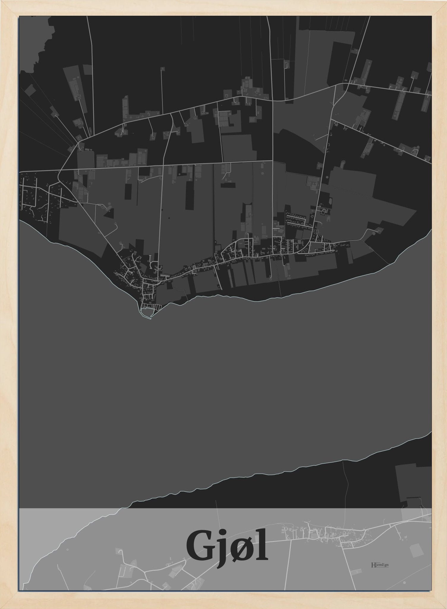 Gjøl plakat i  mørk grå og HjemEgn.dk design firkantet. Design bykort for Gjøl