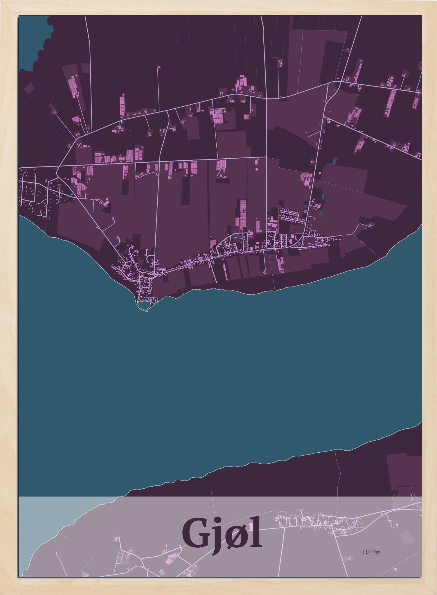 Gjøl plakat i  mørk rød og HjemEgn.dk design firkantet. Design bykort for Gjøl