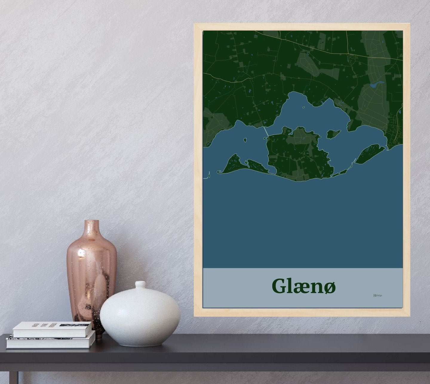 Glænø plakat i farve  og HjemEgn.dk design firkantet. Design ø-kort for Glænø
