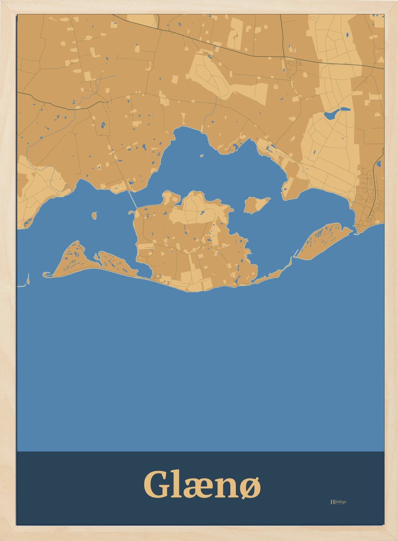 Glænø plakat i farve pastel brun og HjemEgn.dk design firkantet. Design ø-kort for Glænø