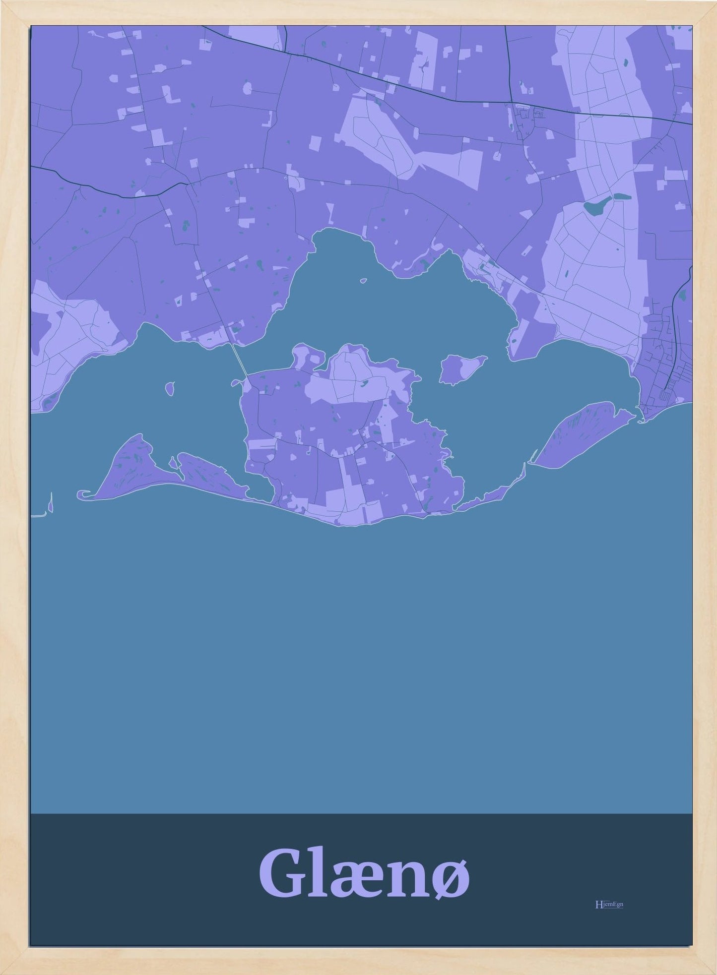 Glænø plakat i farve pastel lilla og HjemEgn.dk design firkantet. Design ø-kort for Glænø