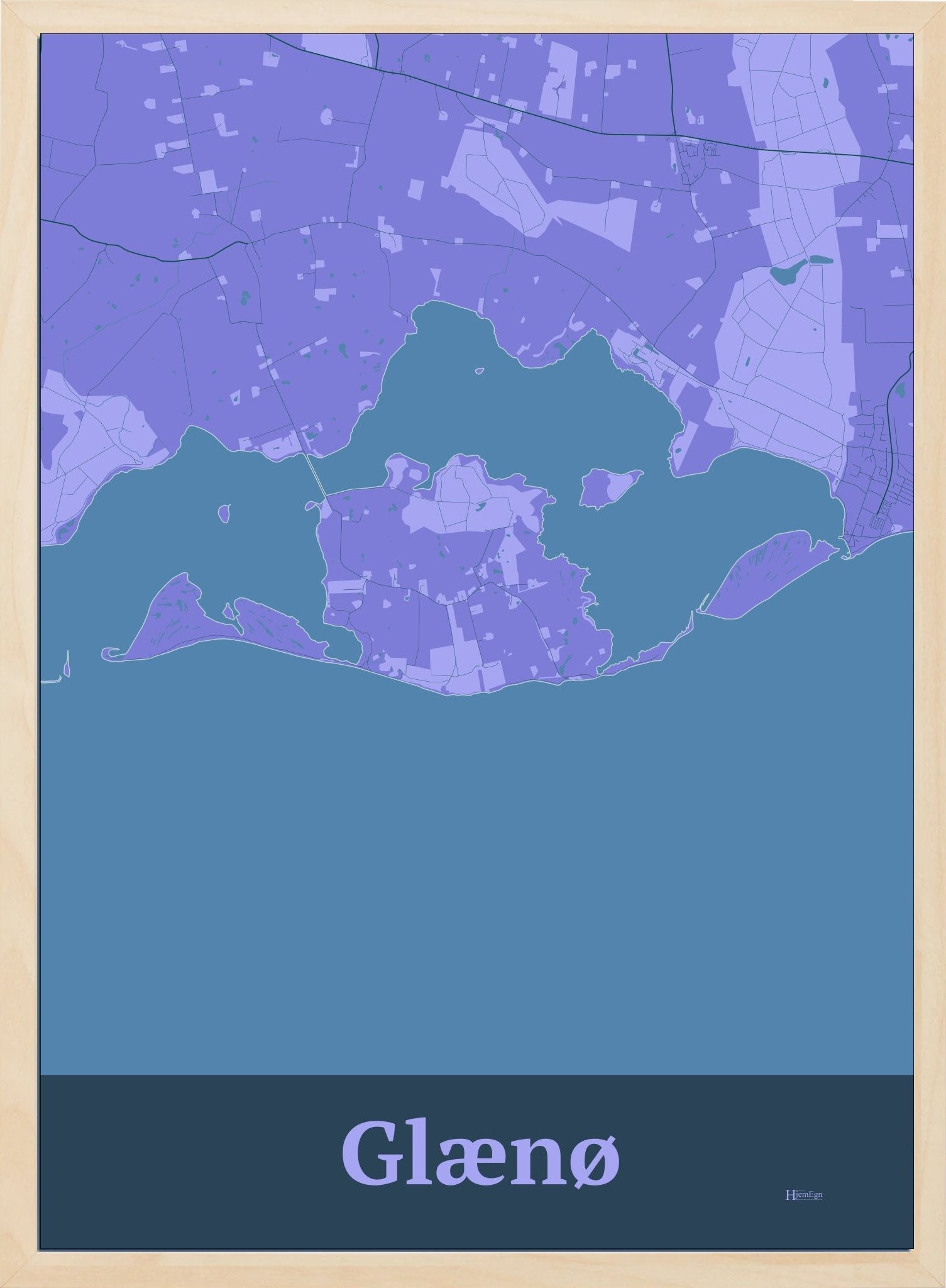 Glænø plakat i farve pastel lilla og HjemEgn.dk design firkantet. Design ø-kort for Glænø