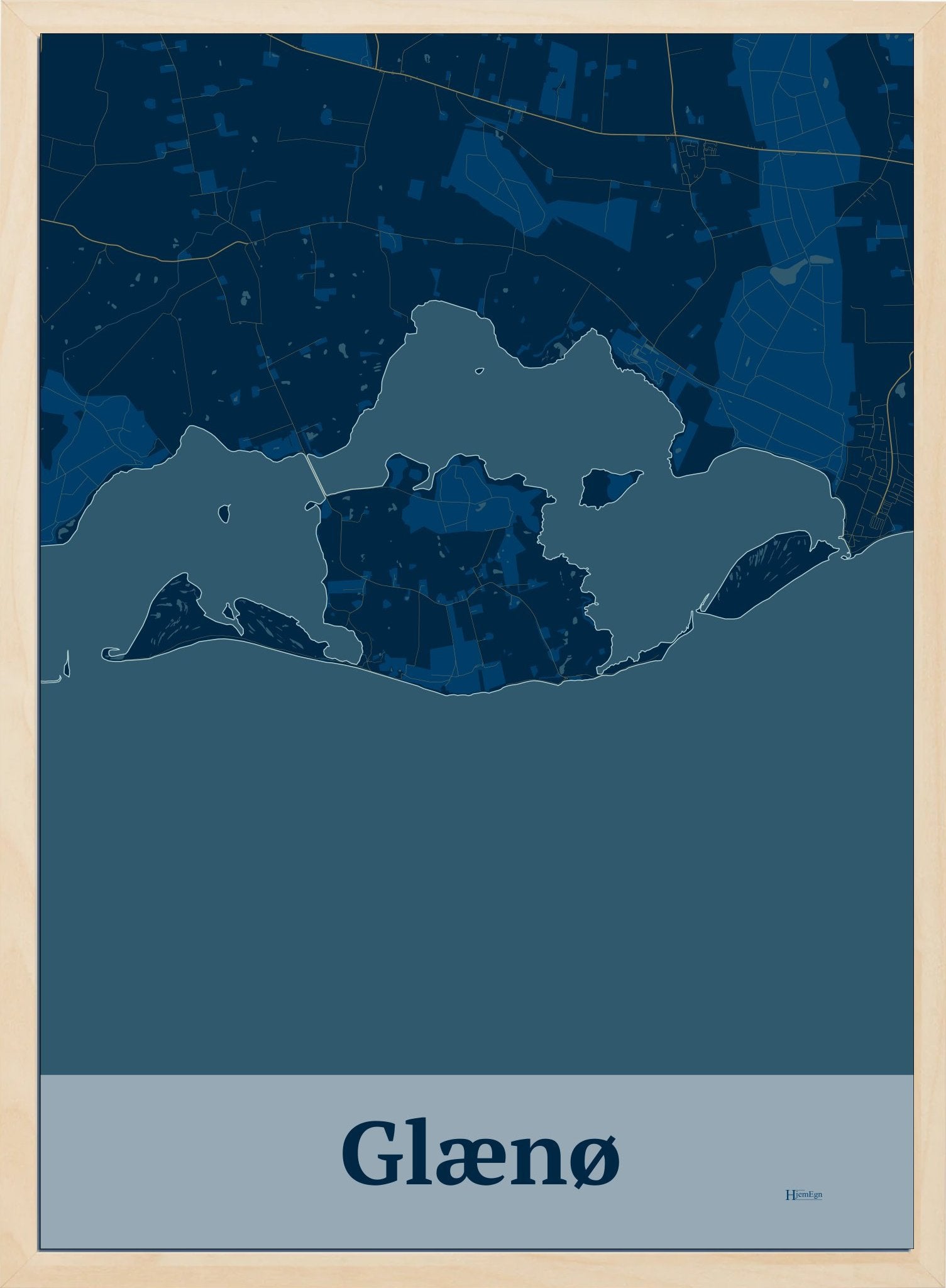 Glænø plakat i farve mørk blå og HjemEgn.dk design firkantet. Design ø-kort for Glænø