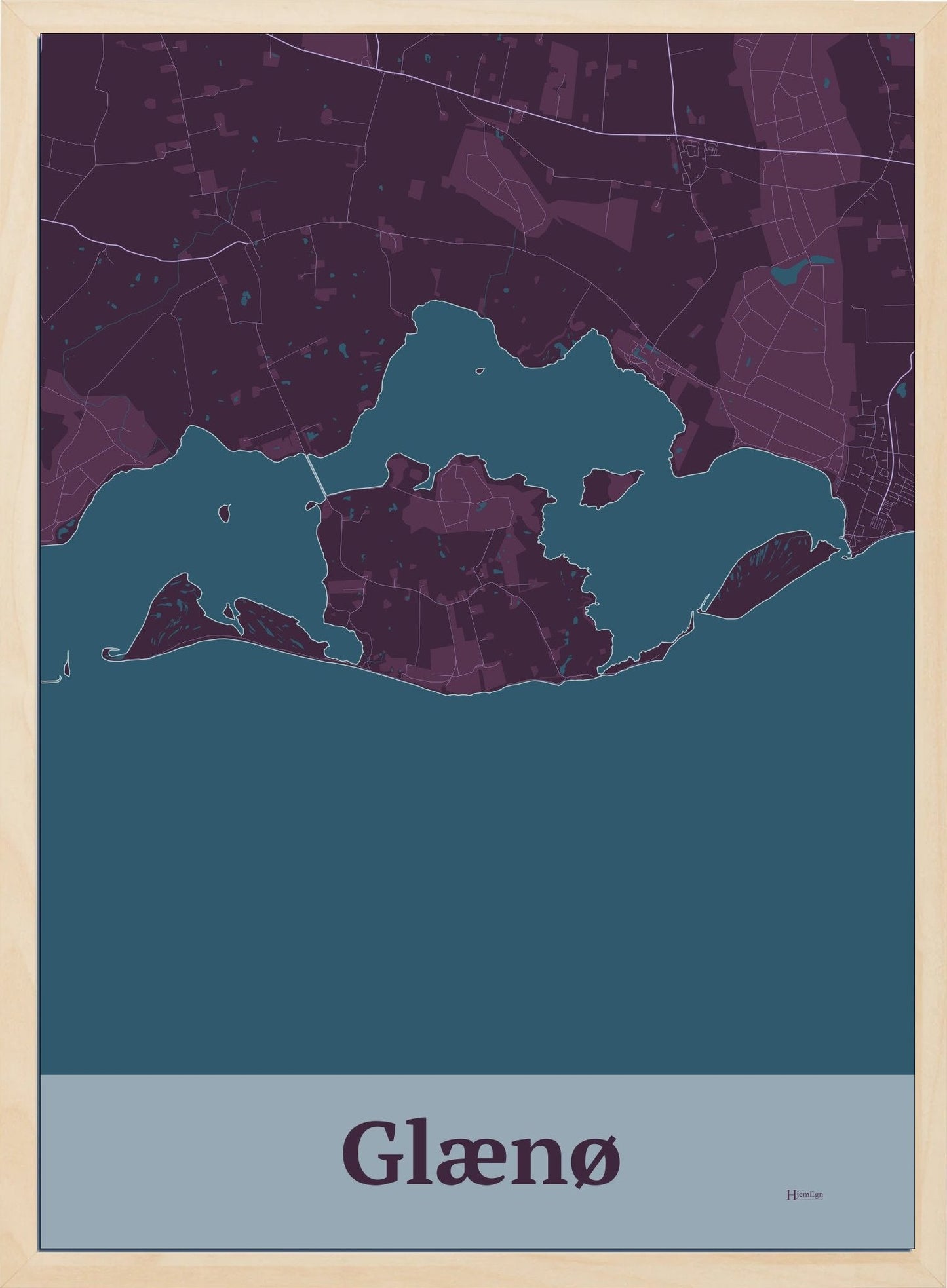 Glænø plakat i farve mørk rød og HjemEgn.dk design firkantet. Design ø-kort for Glænø