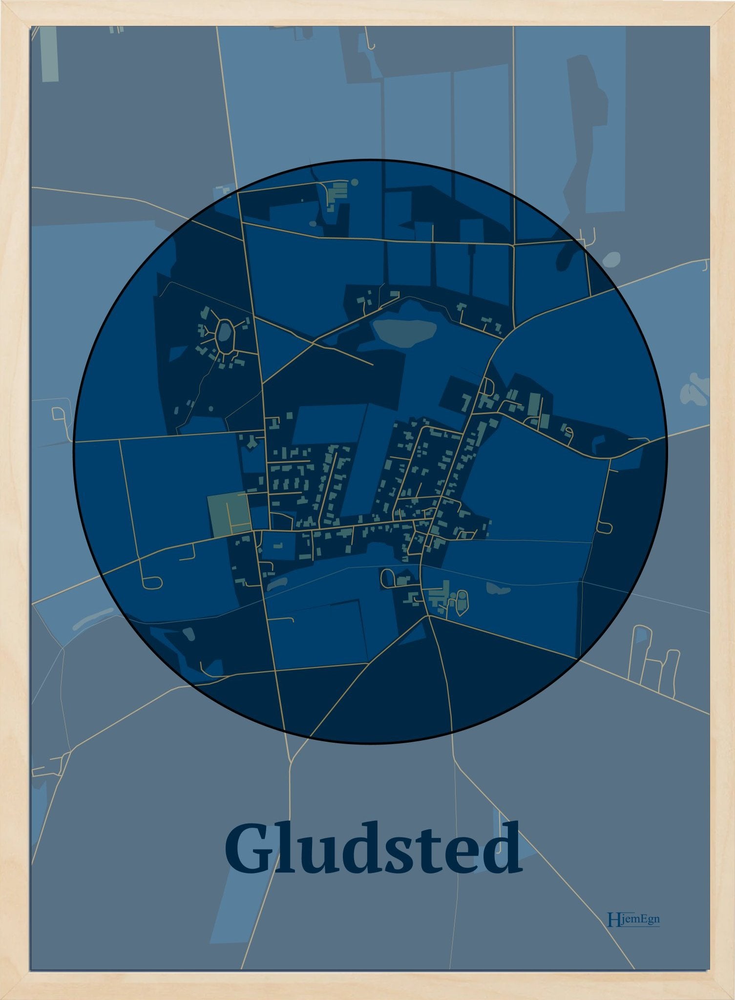 Gludsted plakat i farve mørk blå og HjemEgn.dk design centrum. Design bykort for Gludsted
