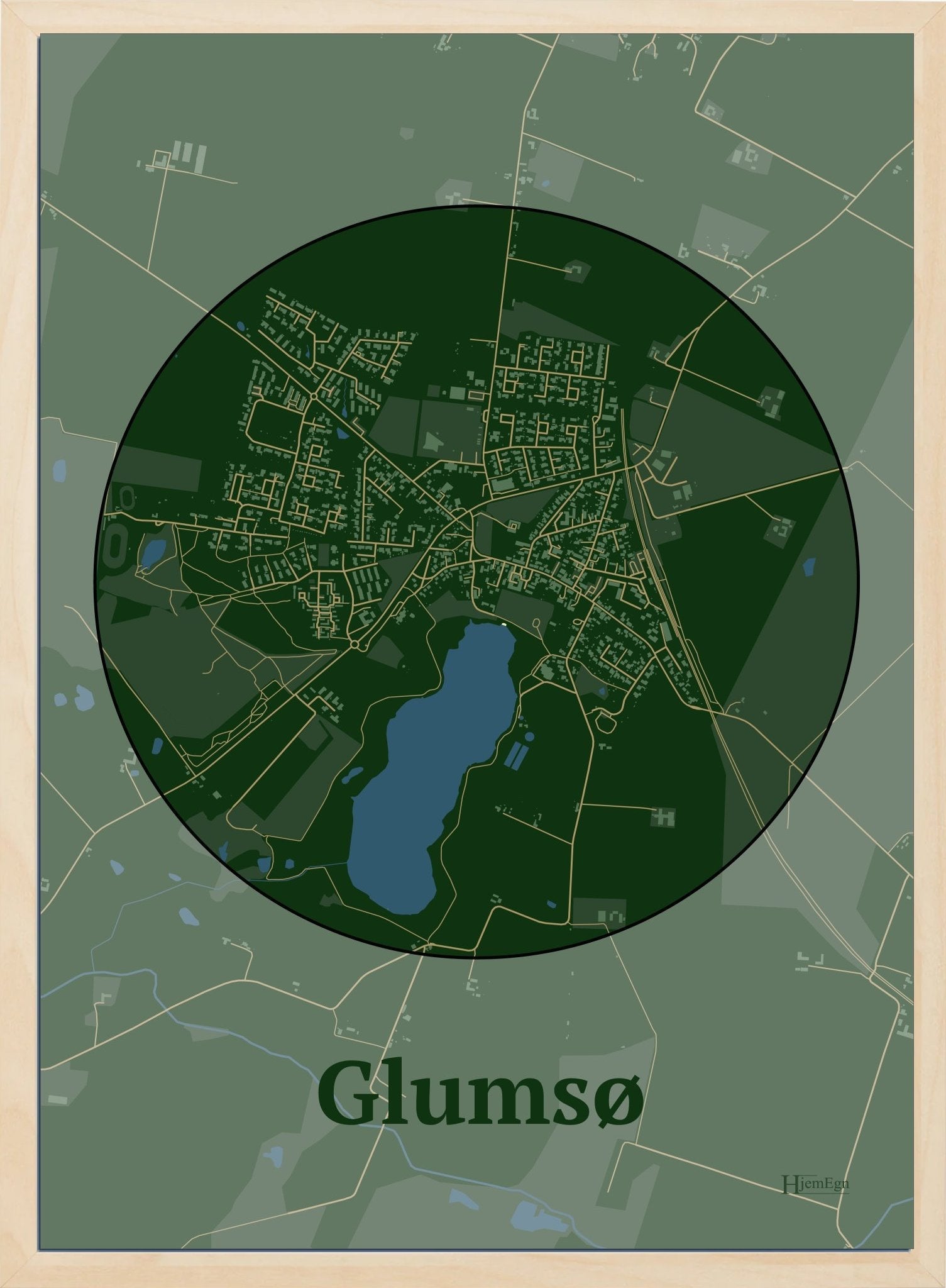 Glumsø plakat i farve mørk grøn og HjemEgn.dk design centrum. Design bykort for Glumsø