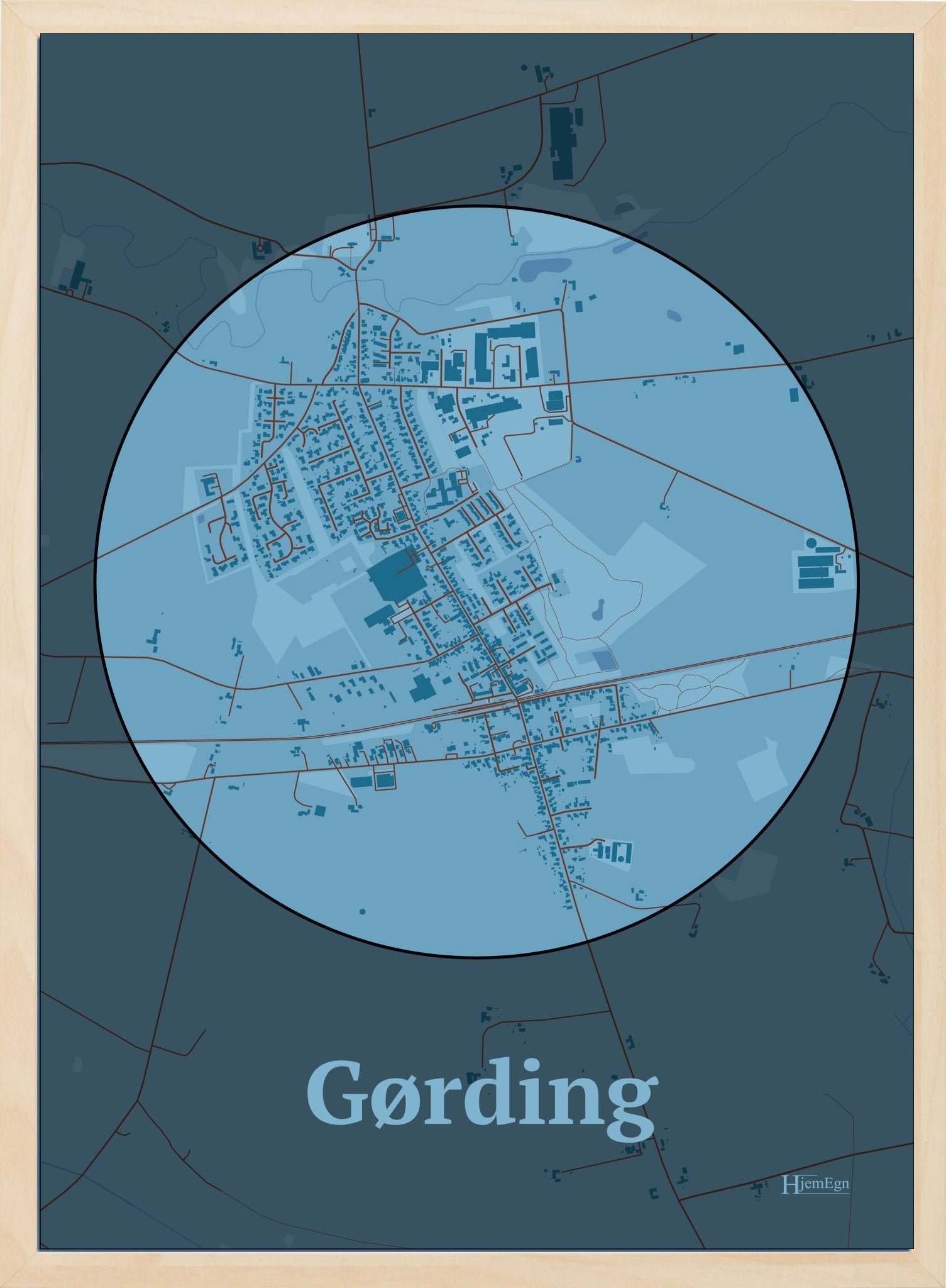Gørding plakat i farve pastel blå og HjemEgn.dk design centrum. Design bykort for Gørding