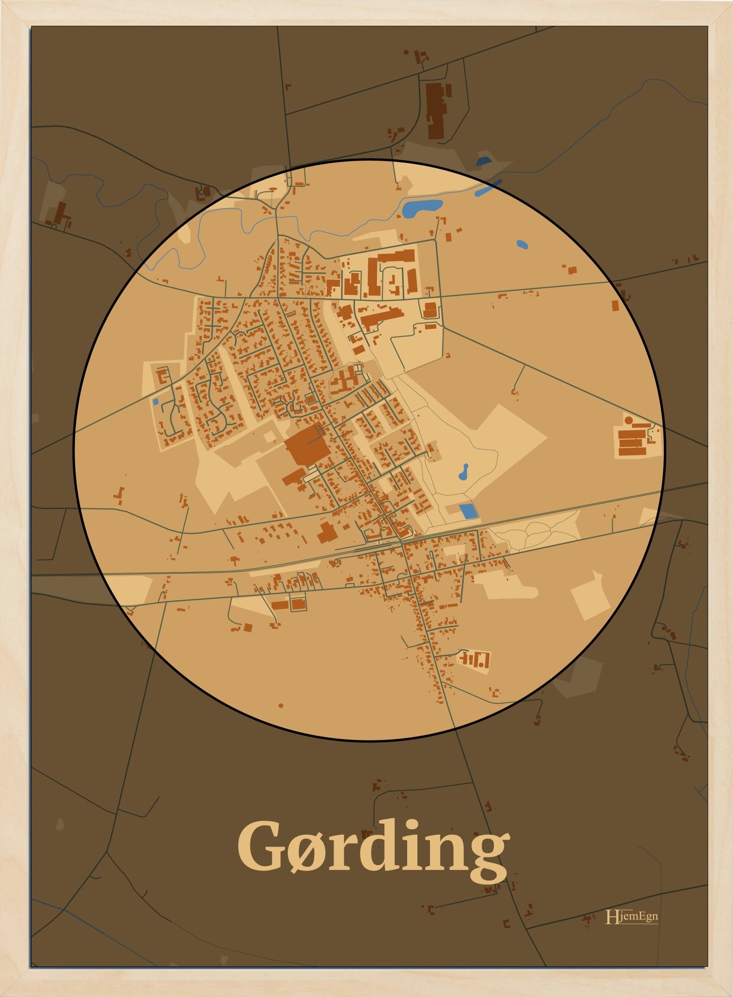Gørding plakat i farve pastel brun og HjemEgn.dk design centrum. Design bykort for Gørding