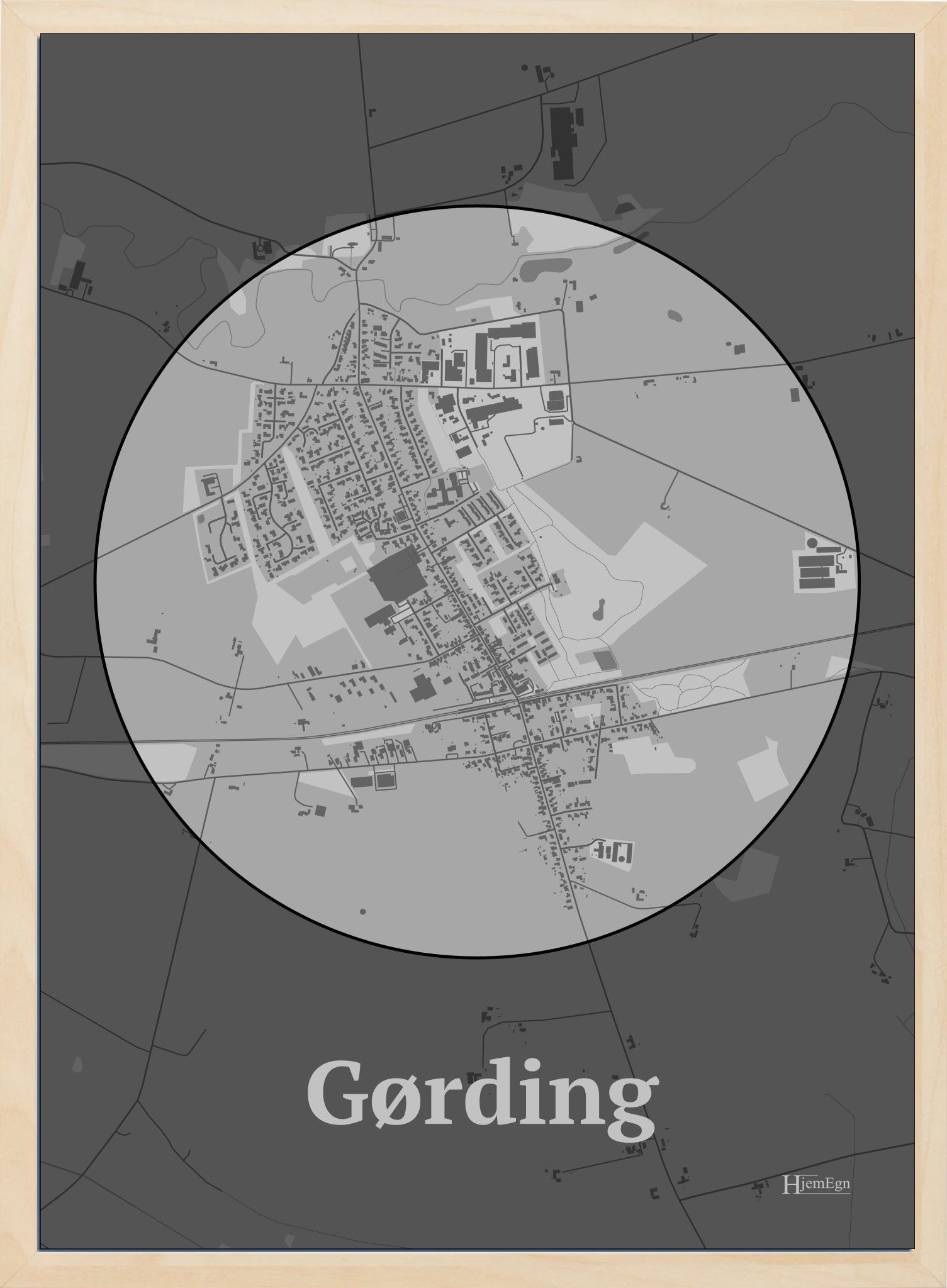 Gørding plakat i farve pastel grå og HjemEgn.dk design centrum. Design bykort for Gørding