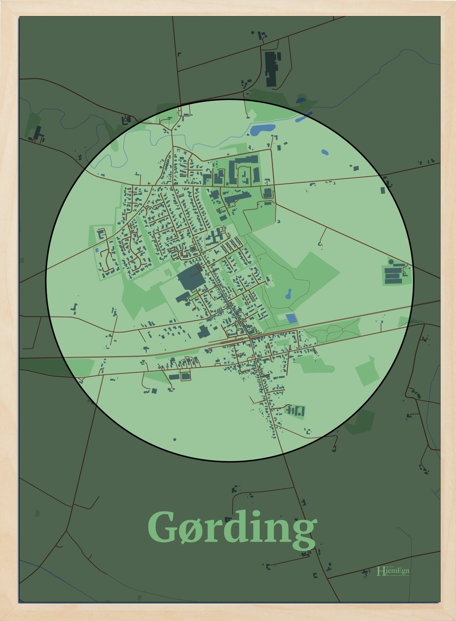 Gørding plakat i farve pastel grøn og HjemEgn.dk design centrum. Design bykort for Gørding
