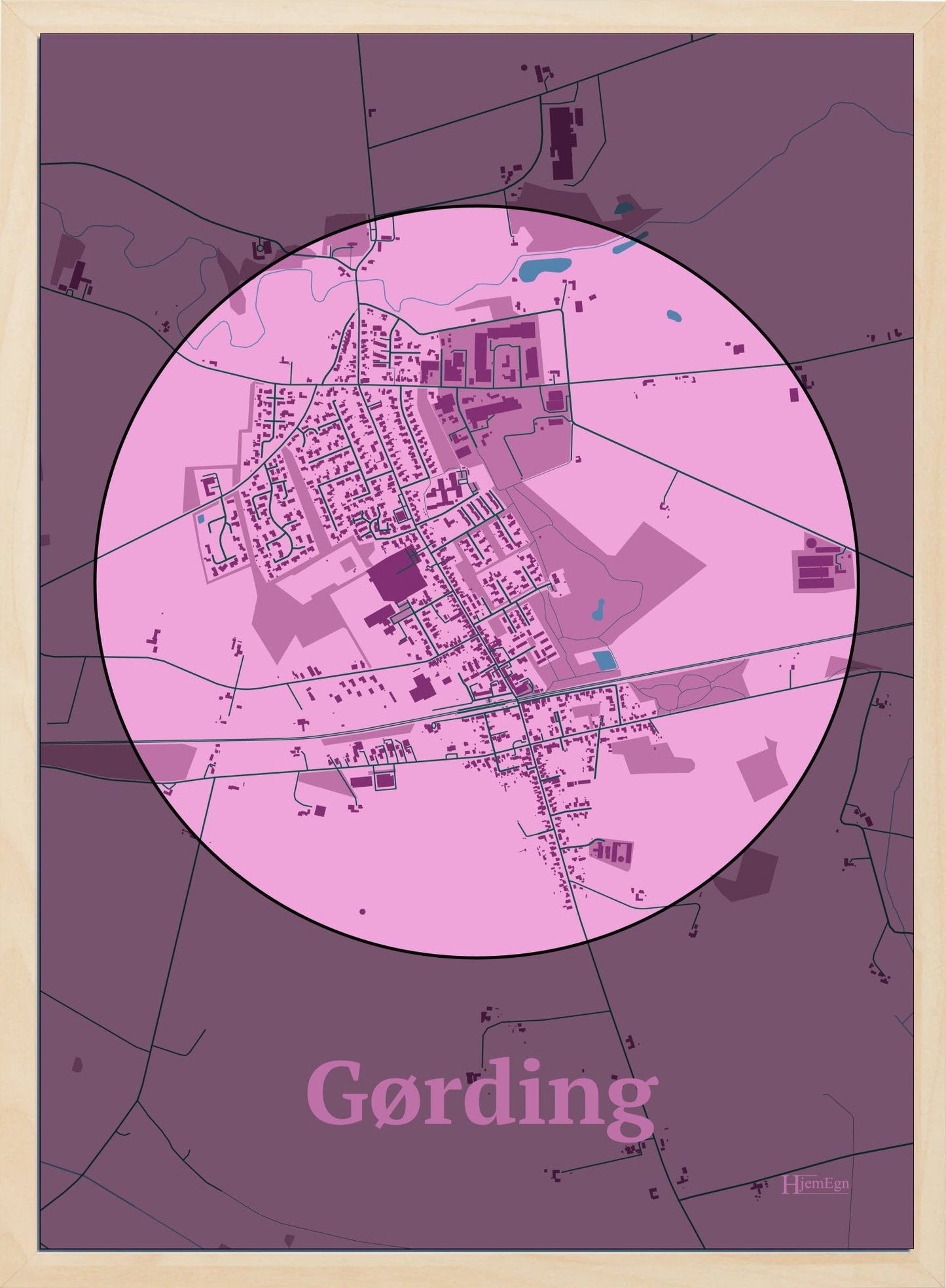 Gørding plakat i farve pastel rød og HjemEgn.dk design centrum. Design bykort for Gørding