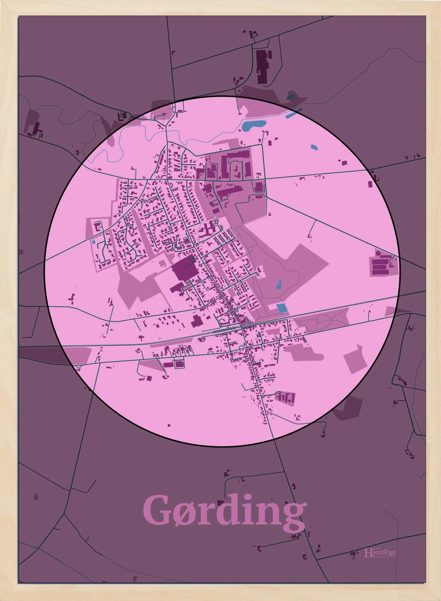 Gørding plakat i farve pastel rød og HjemEgn.dk design centrum. Design bykort for Gørding
